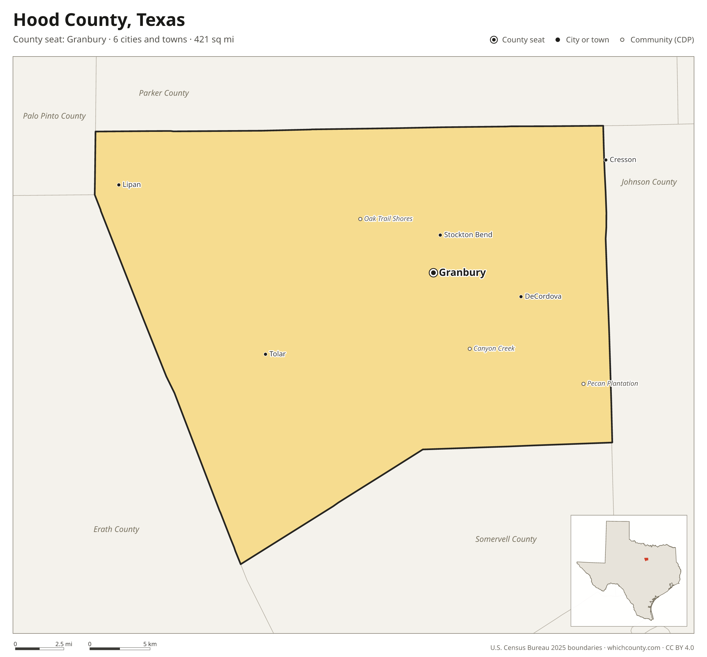 Map of Hood County, Texas with cities, towns and the county boundary