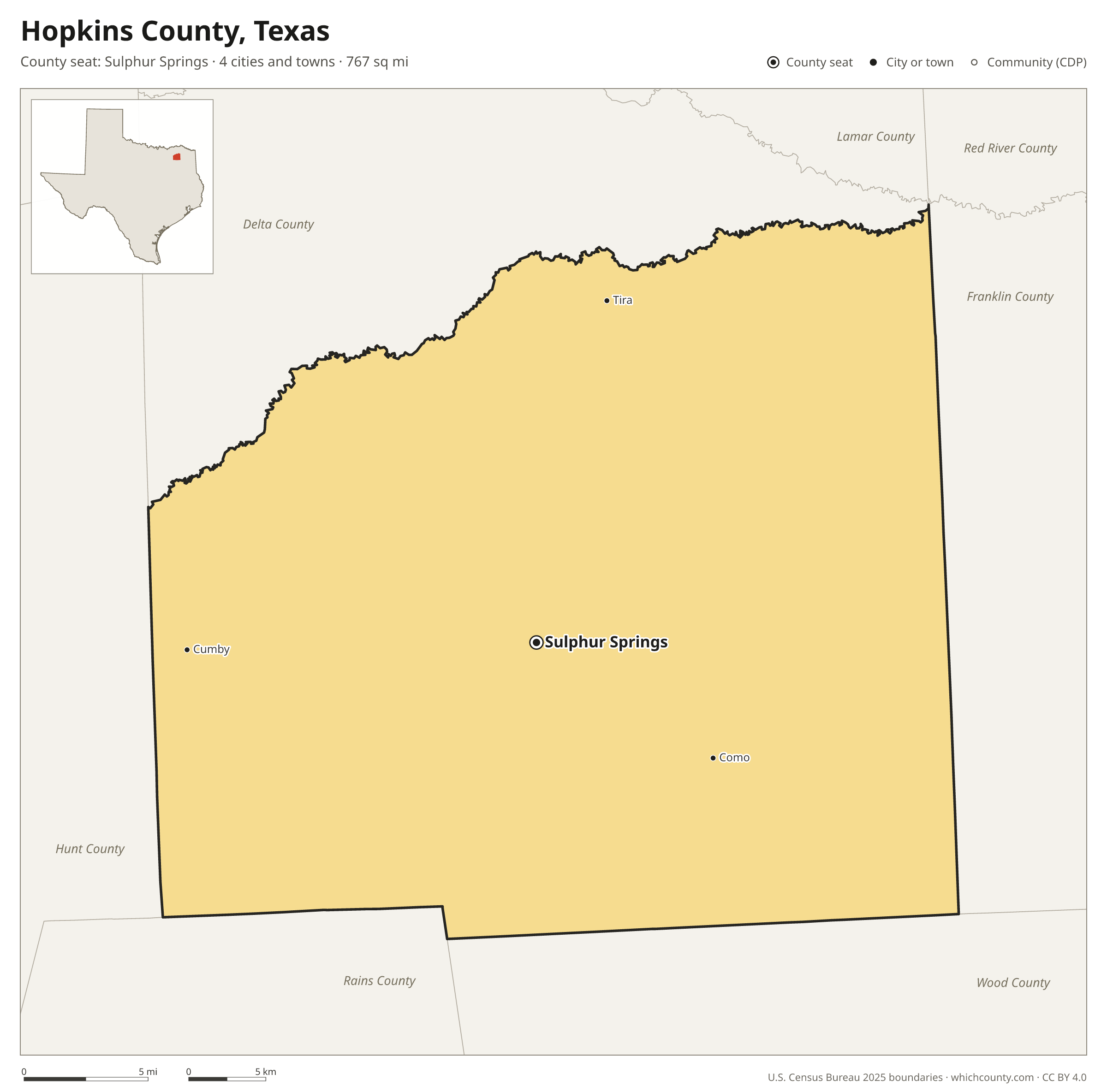 Map of Hopkins County, Texas with cities, towns and the county boundary