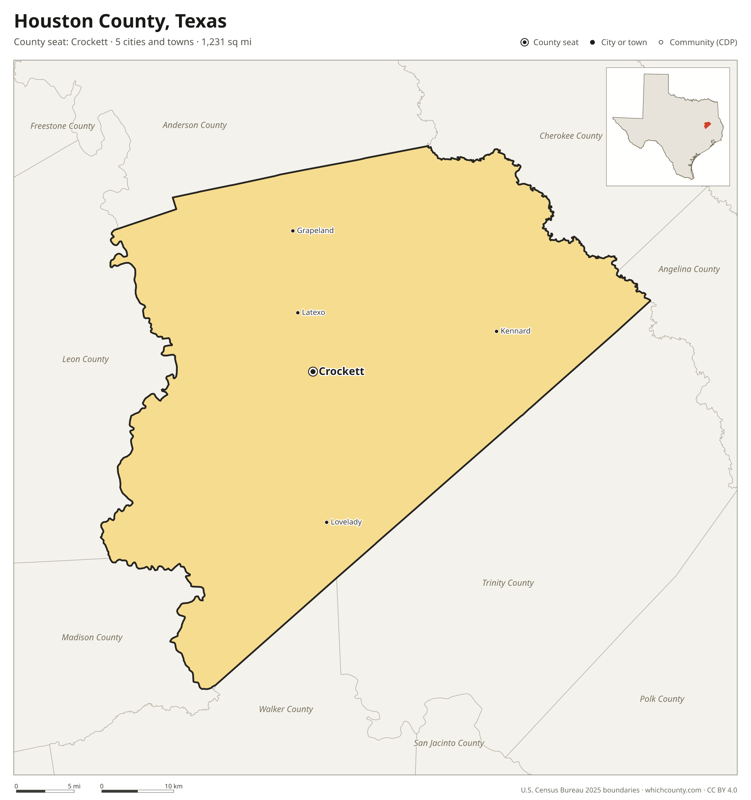 Map of Houston County, Texas with cities, towns and the county boundary