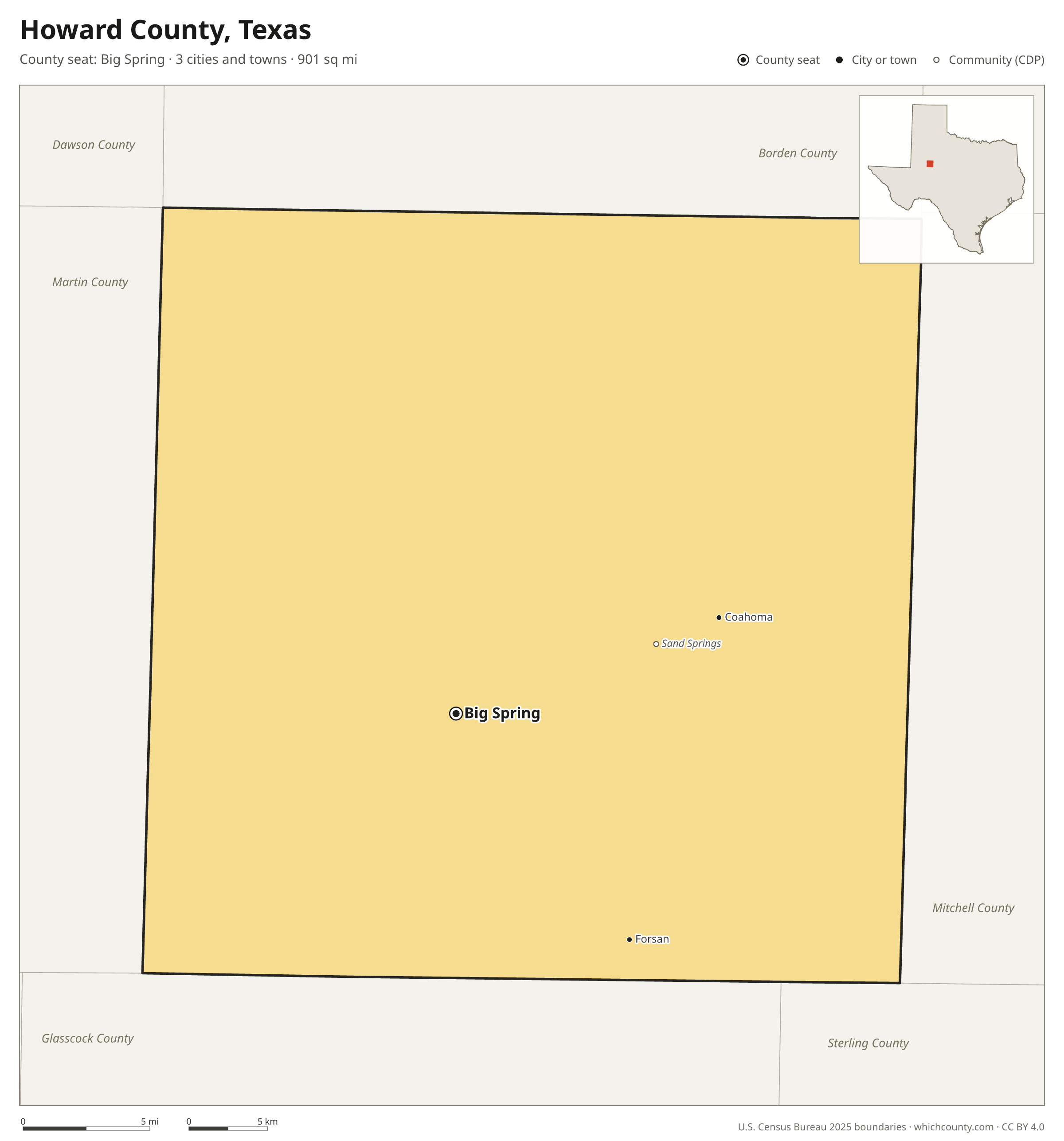 Map of Howard County, Texas with cities, towns and the county boundary