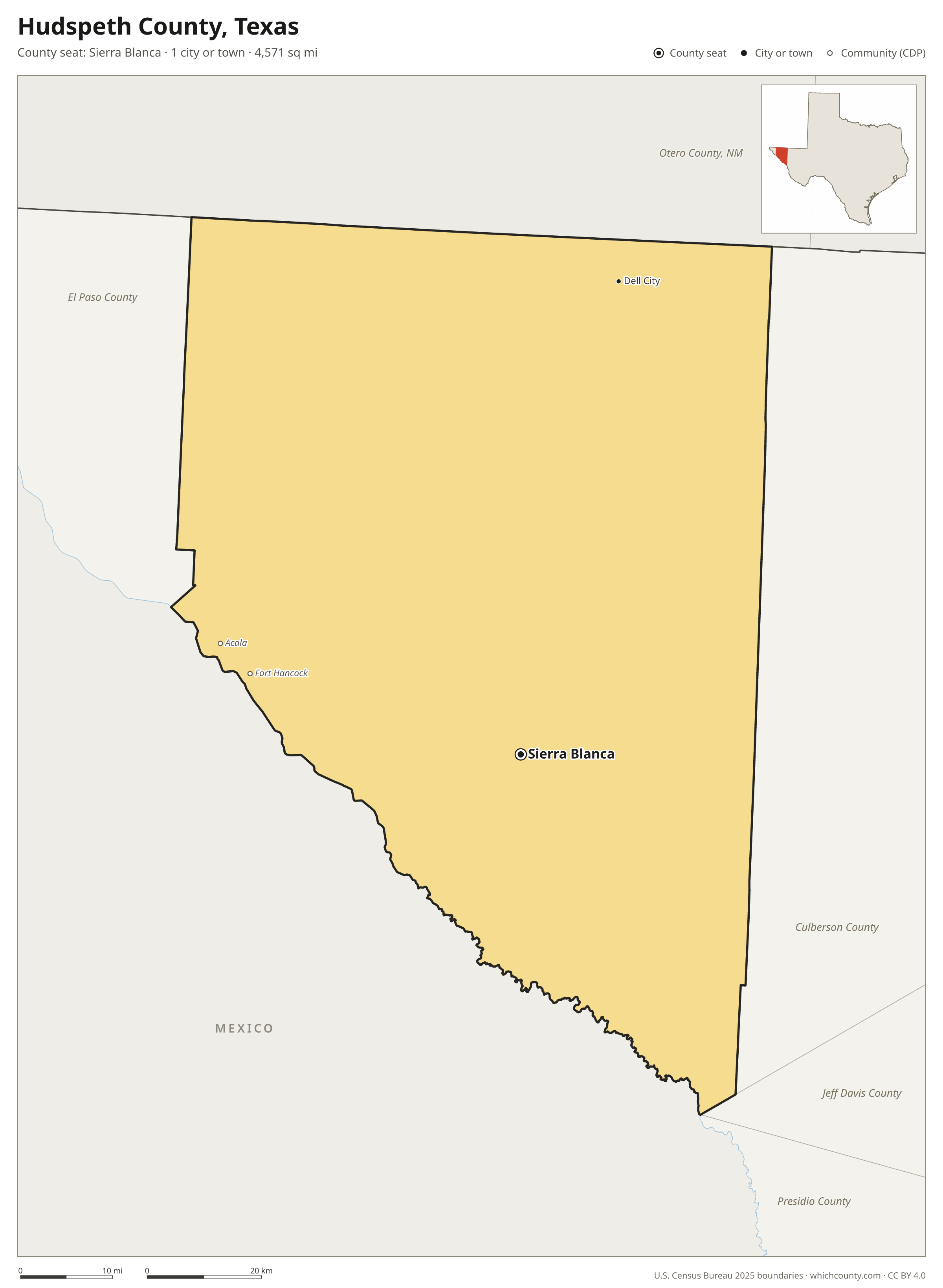Map of Hudspeth County, Texas with cities, towns and the county boundary