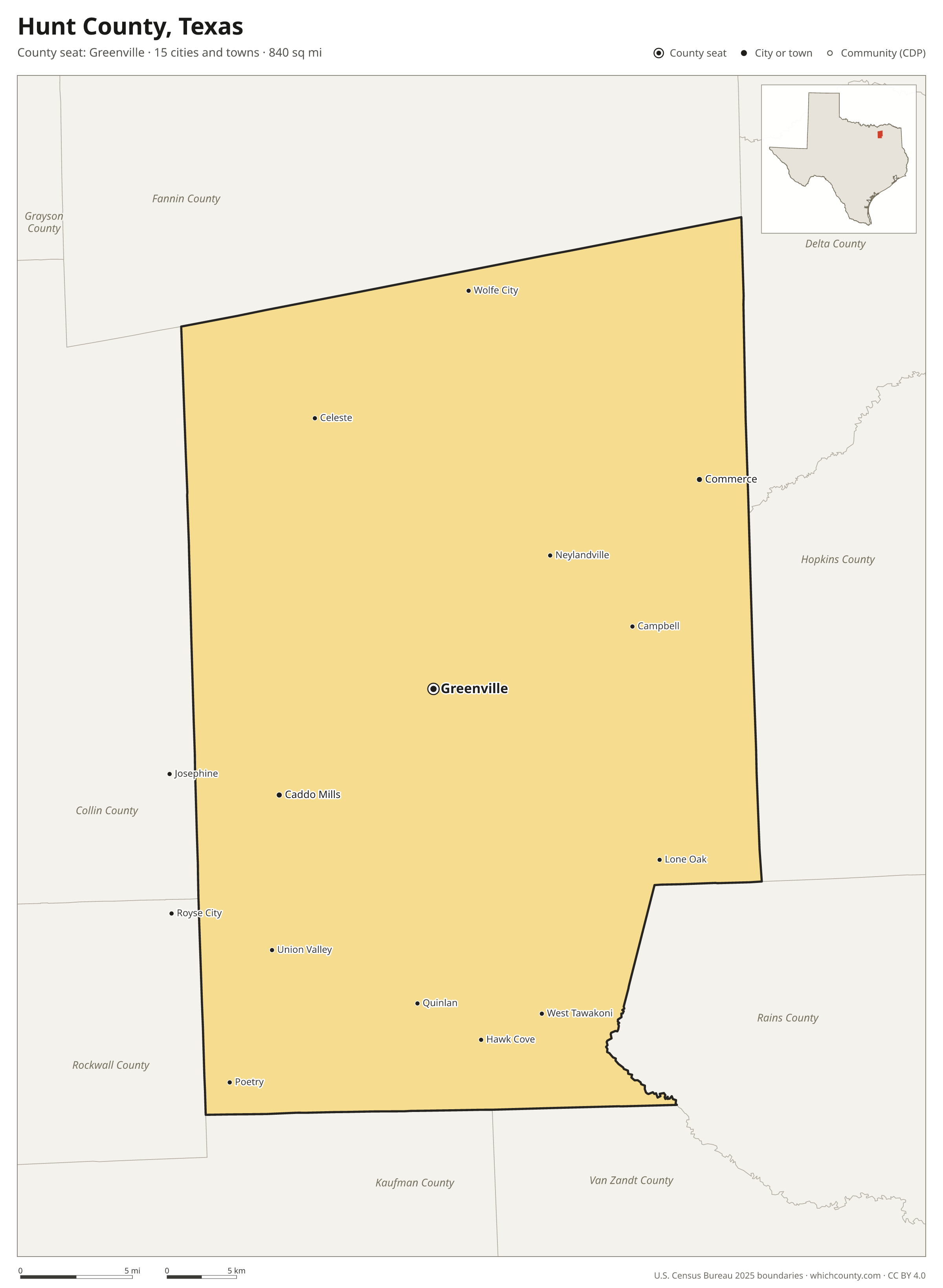 Map of Hunt County, Texas with cities, towns and the county boundary