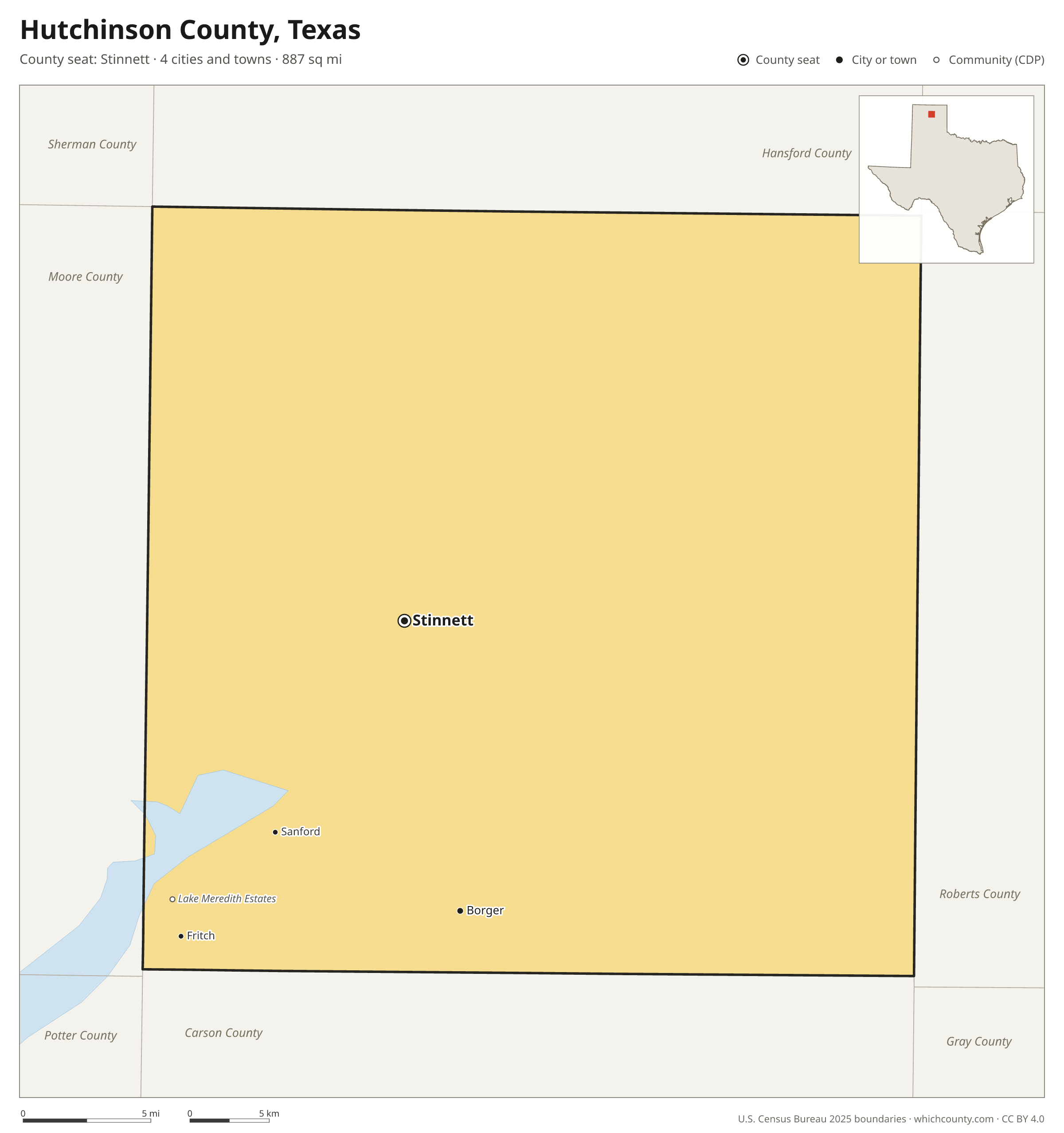Map of Hutchinson County, Texas with cities, towns and the county boundary