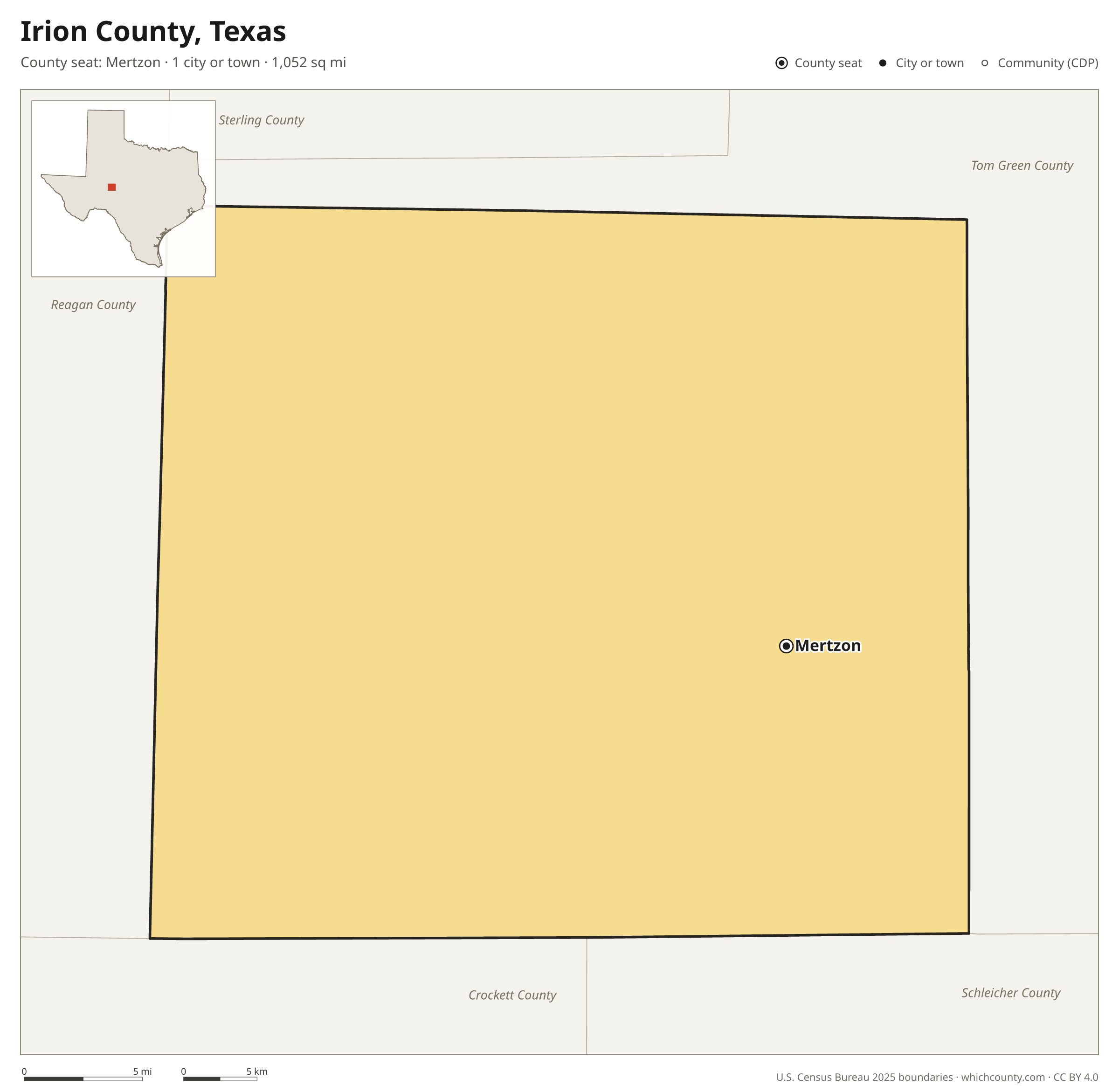 Map of Irion County, Texas with cities, towns and the county boundary