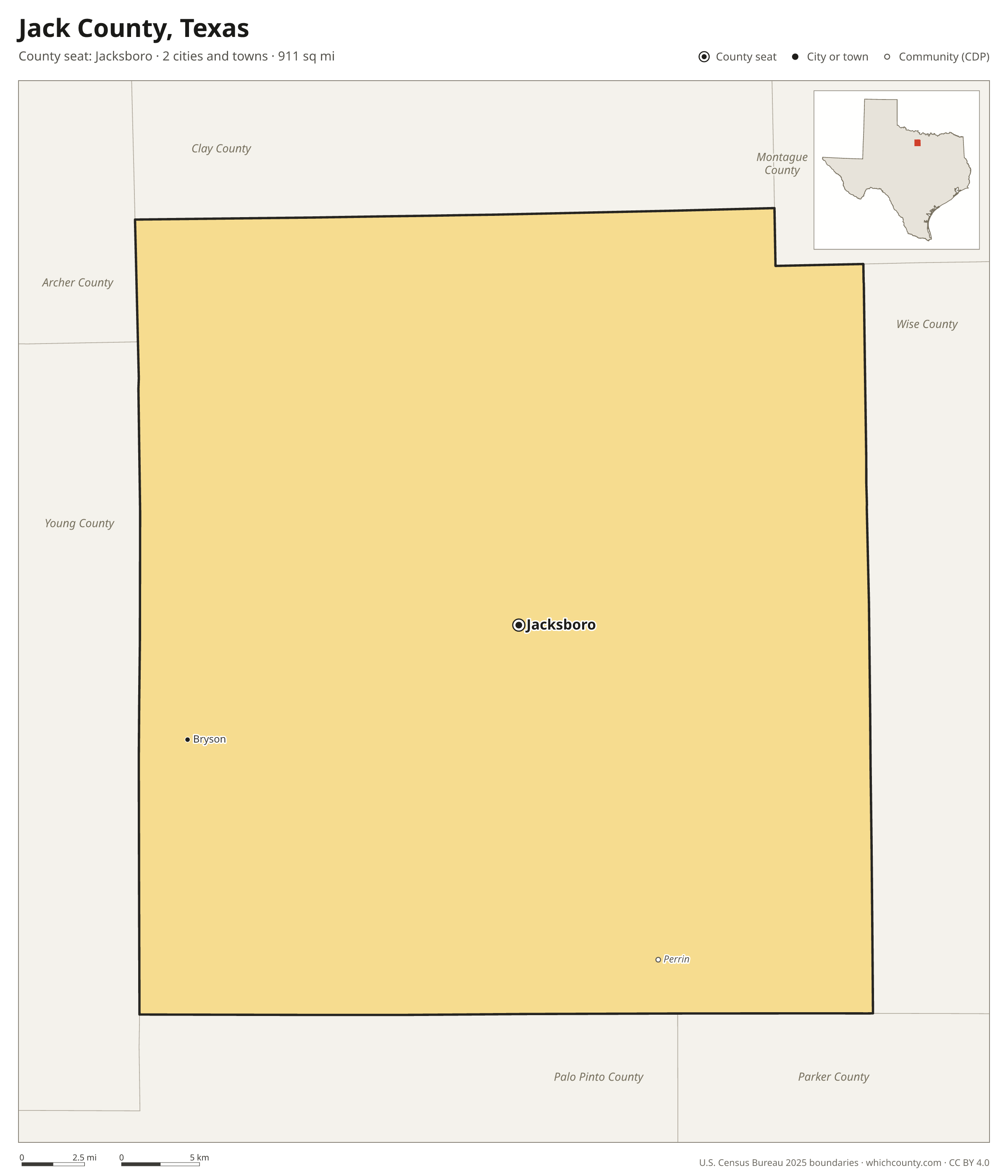 Map of Jack County, Texas with cities, towns and the county boundary