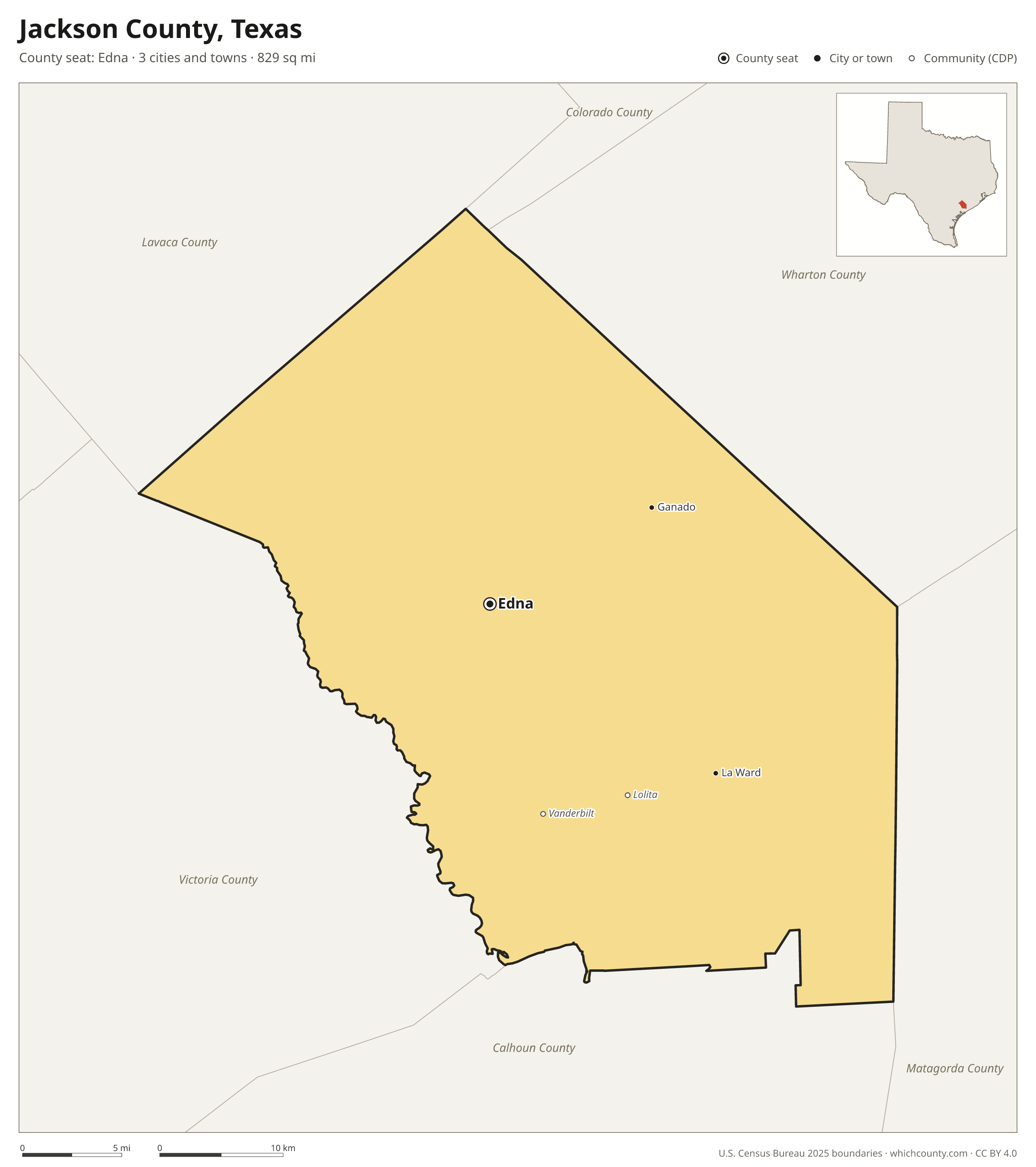 Map of Jackson County, Texas with cities, towns and the county boundary
