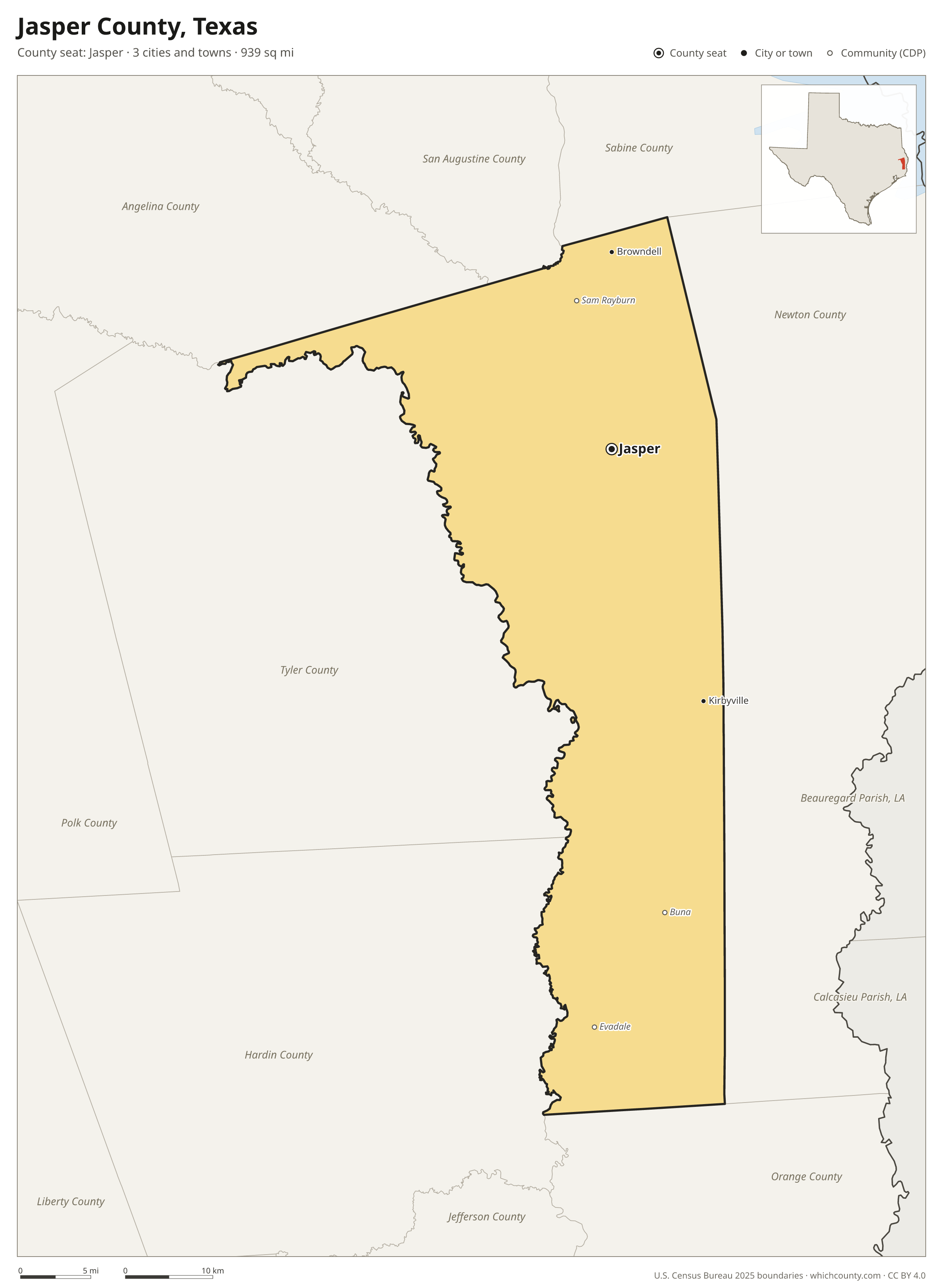 Map of Jasper County, Texas with cities, towns and the county boundary