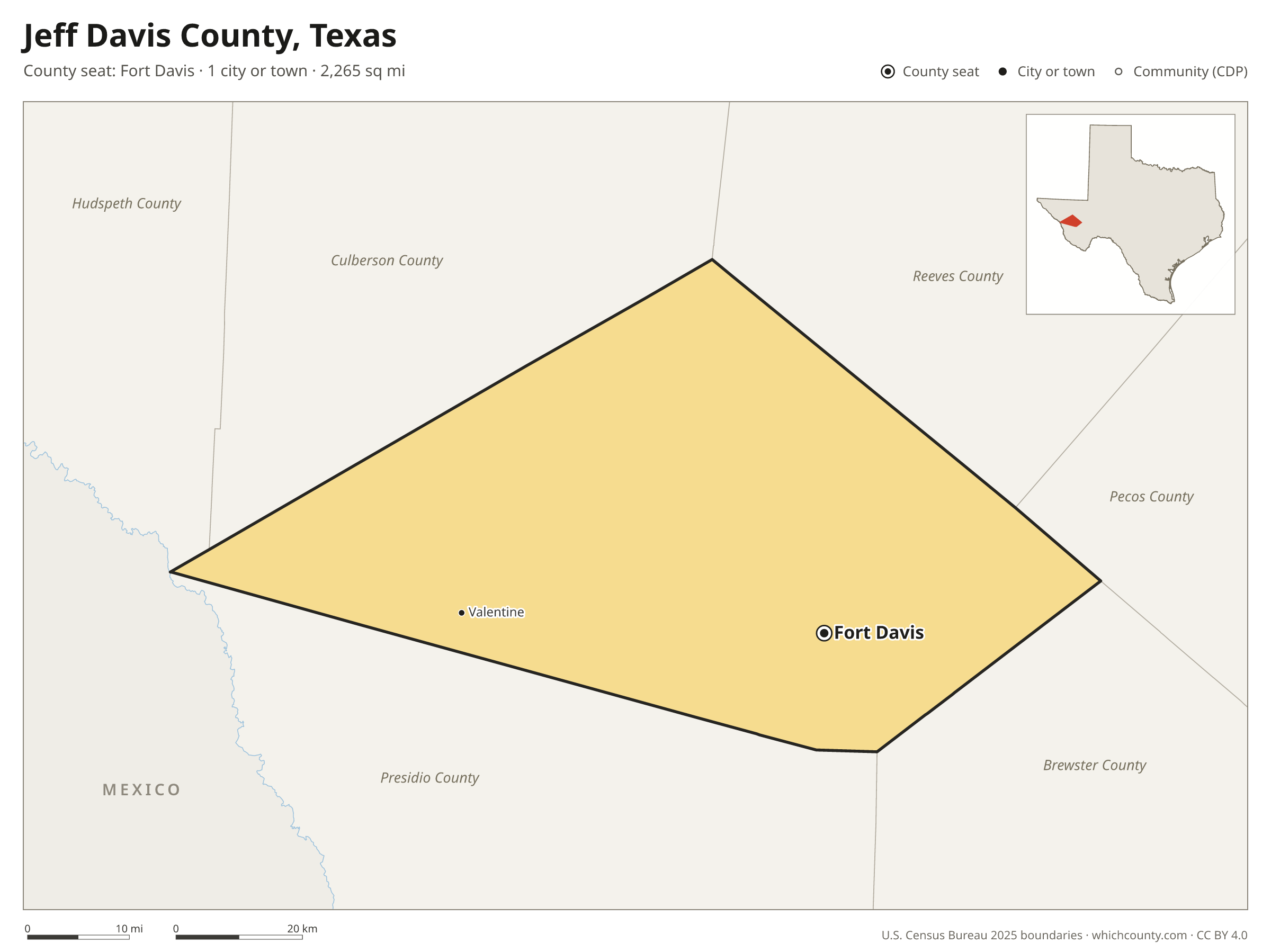 Map of Jeff Davis County, Texas with cities, towns and the county boundary