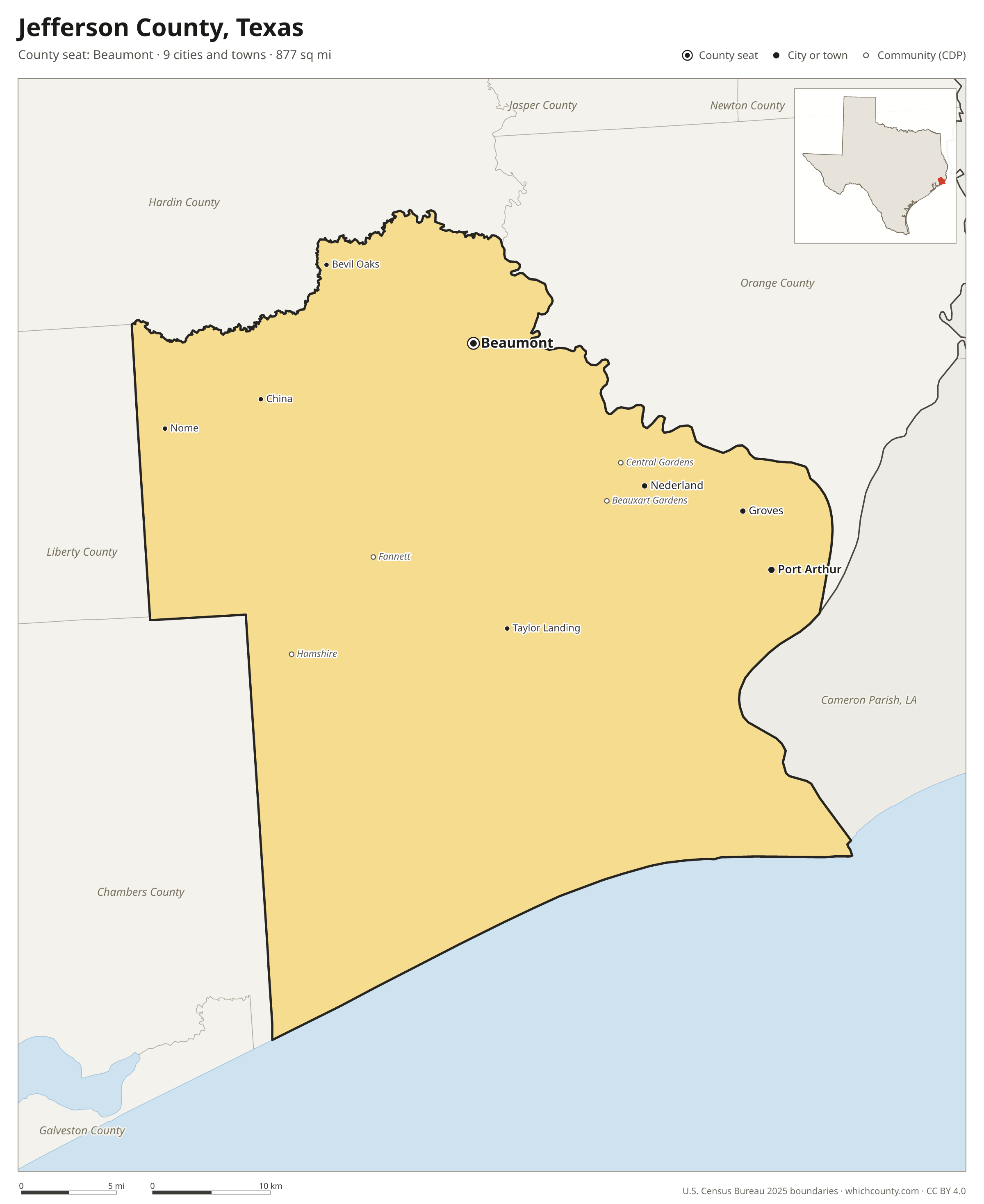 Map of Jefferson County, Texas with cities, towns and the county boundary
