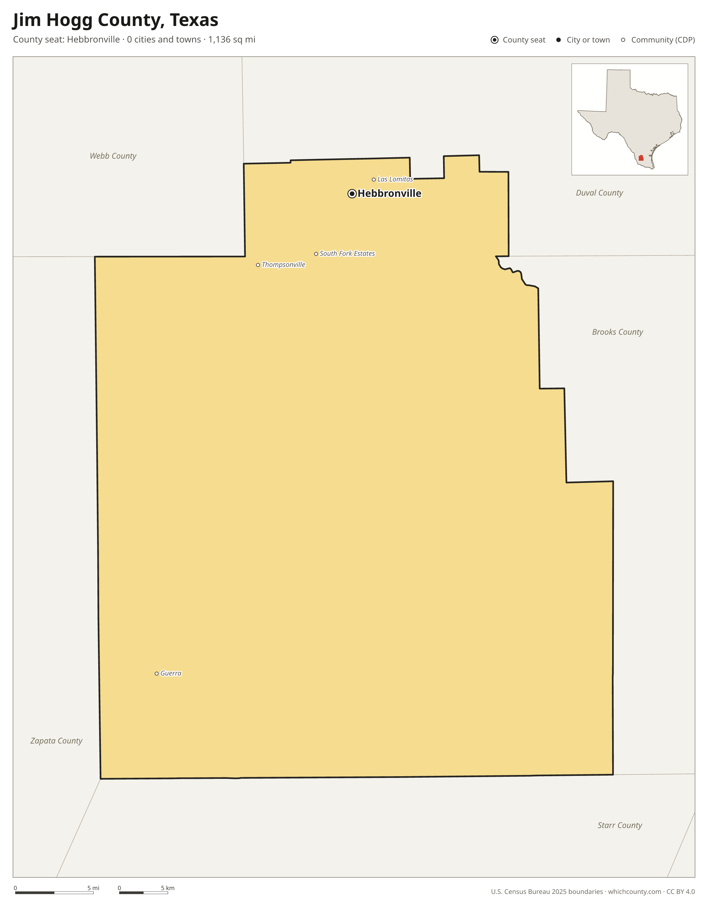 Map of Jim Hogg County, Texas with cities, towns and the county boundary