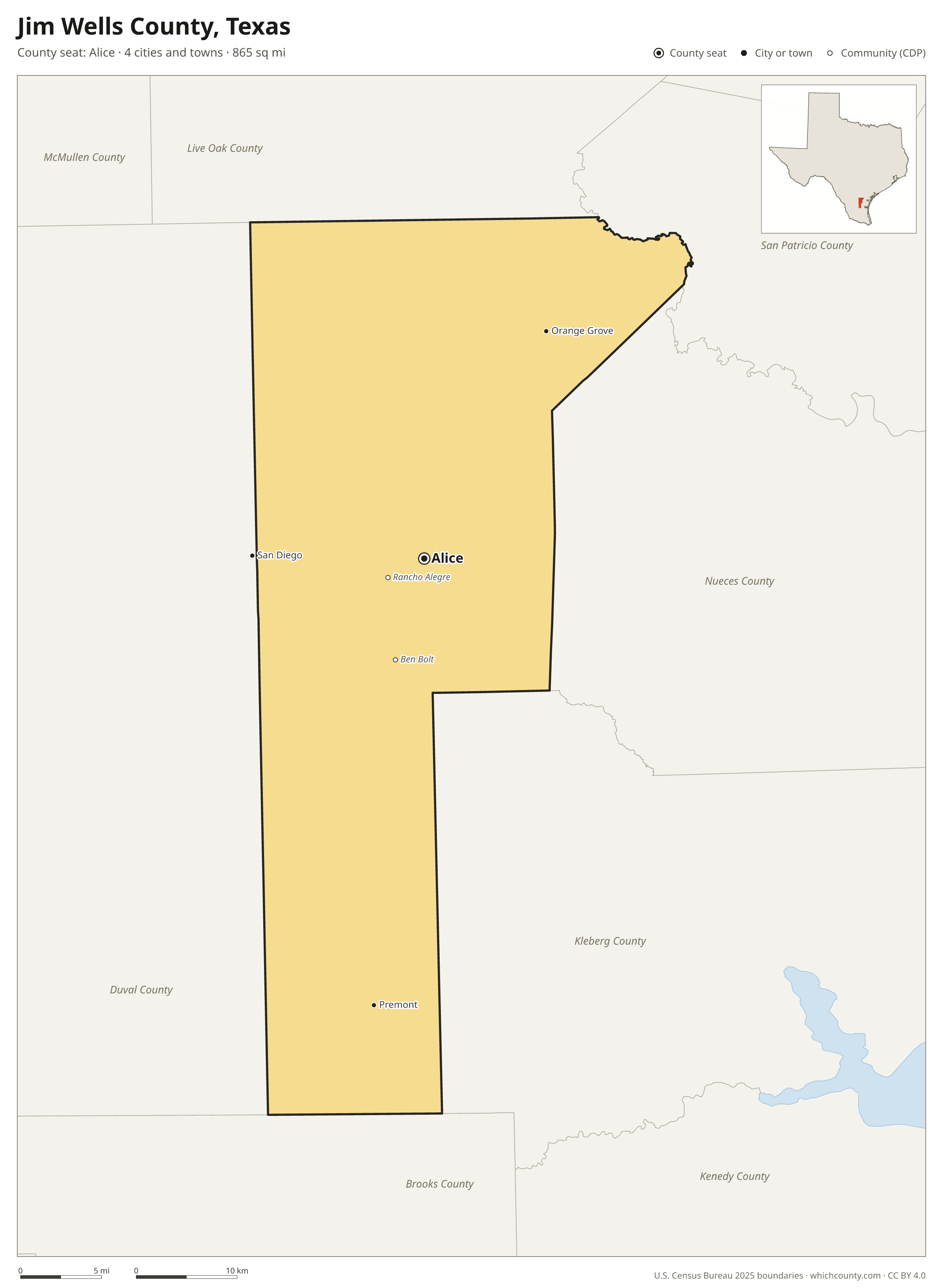 Map of Jim Wells County, Texas with cities, towns and the county boundary