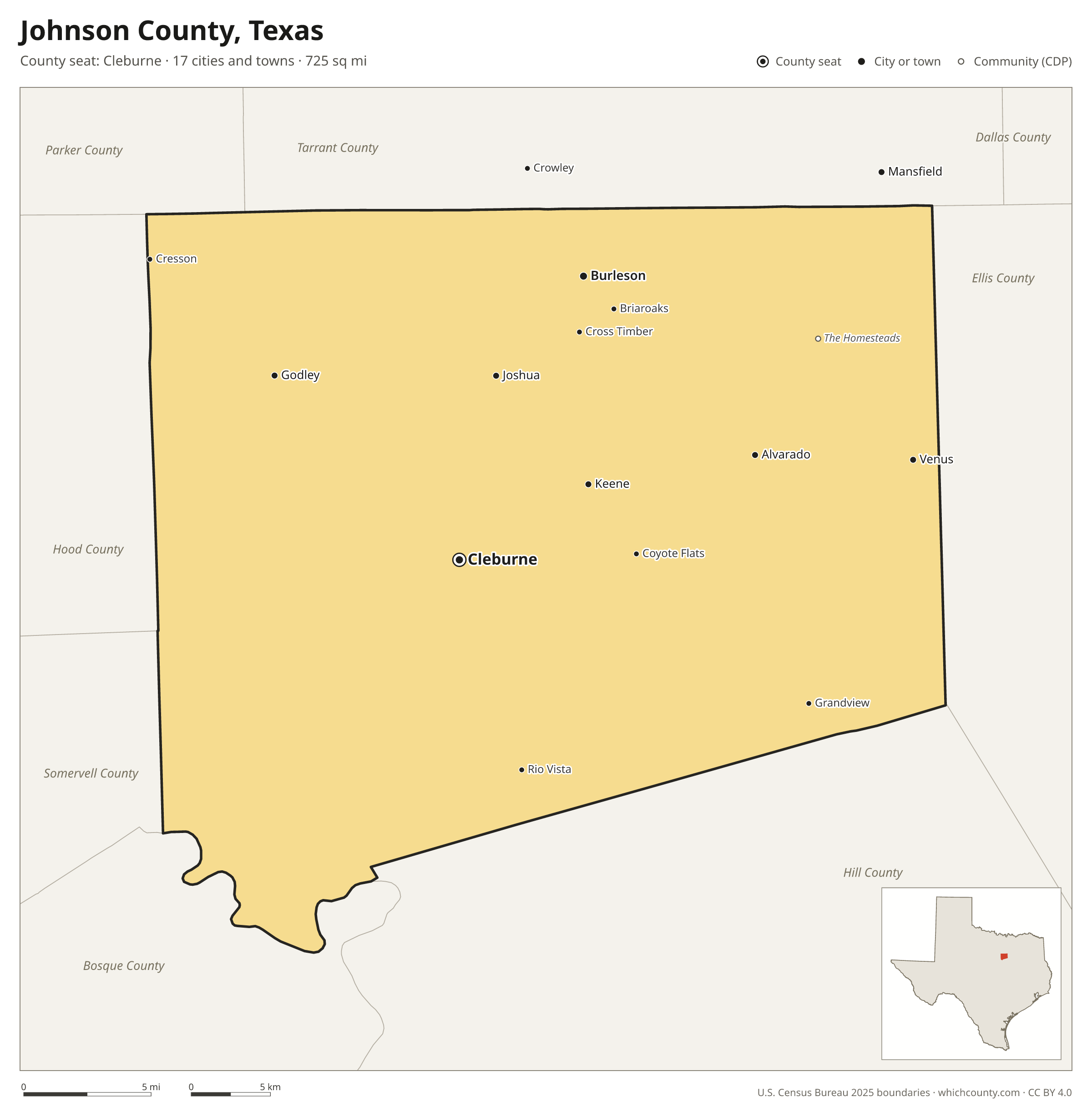 Map of Johnson County, Texas with cities, towns and the county boundary