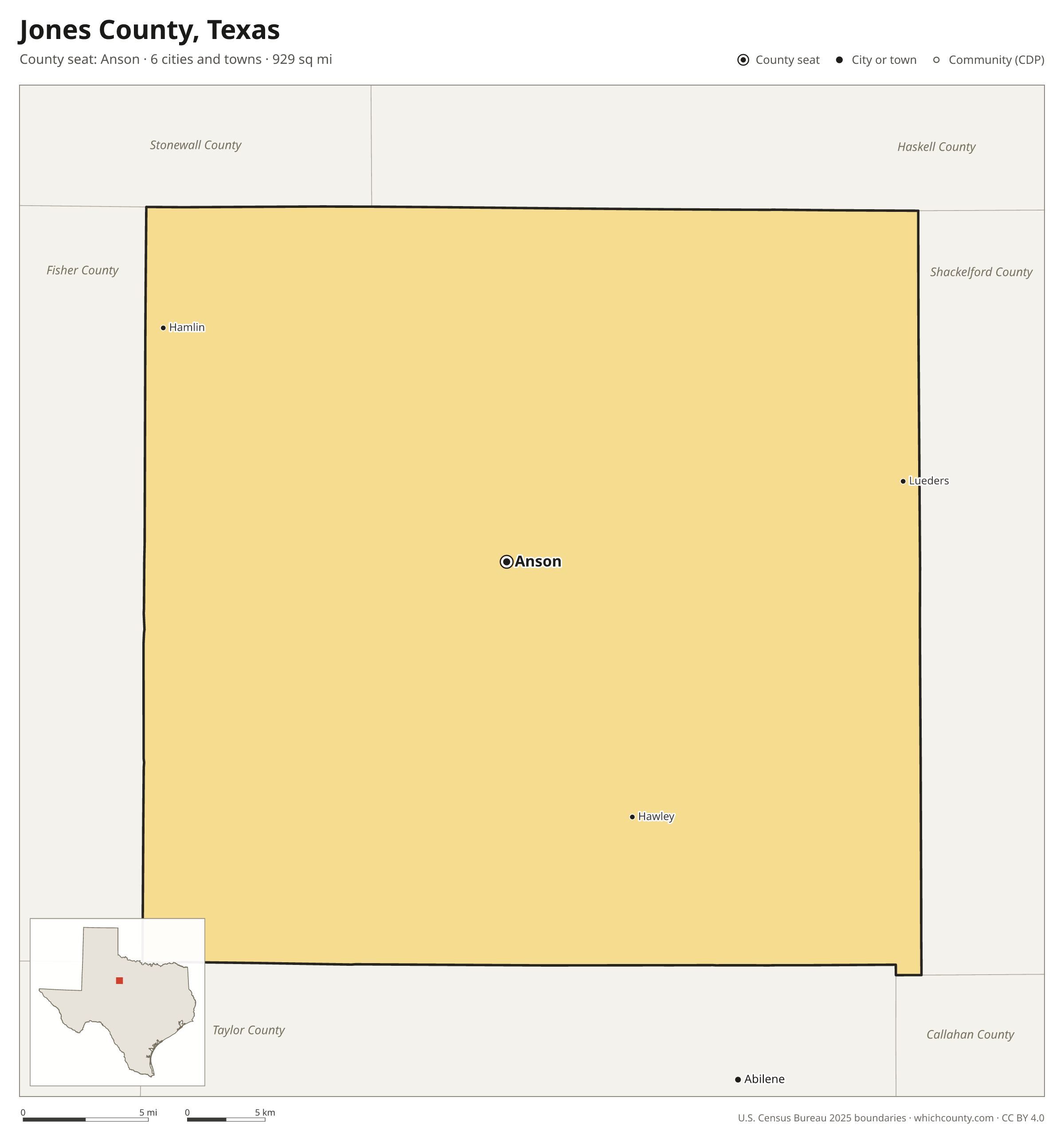 Map of Jones County, Texas with cities, towns and the county boundary