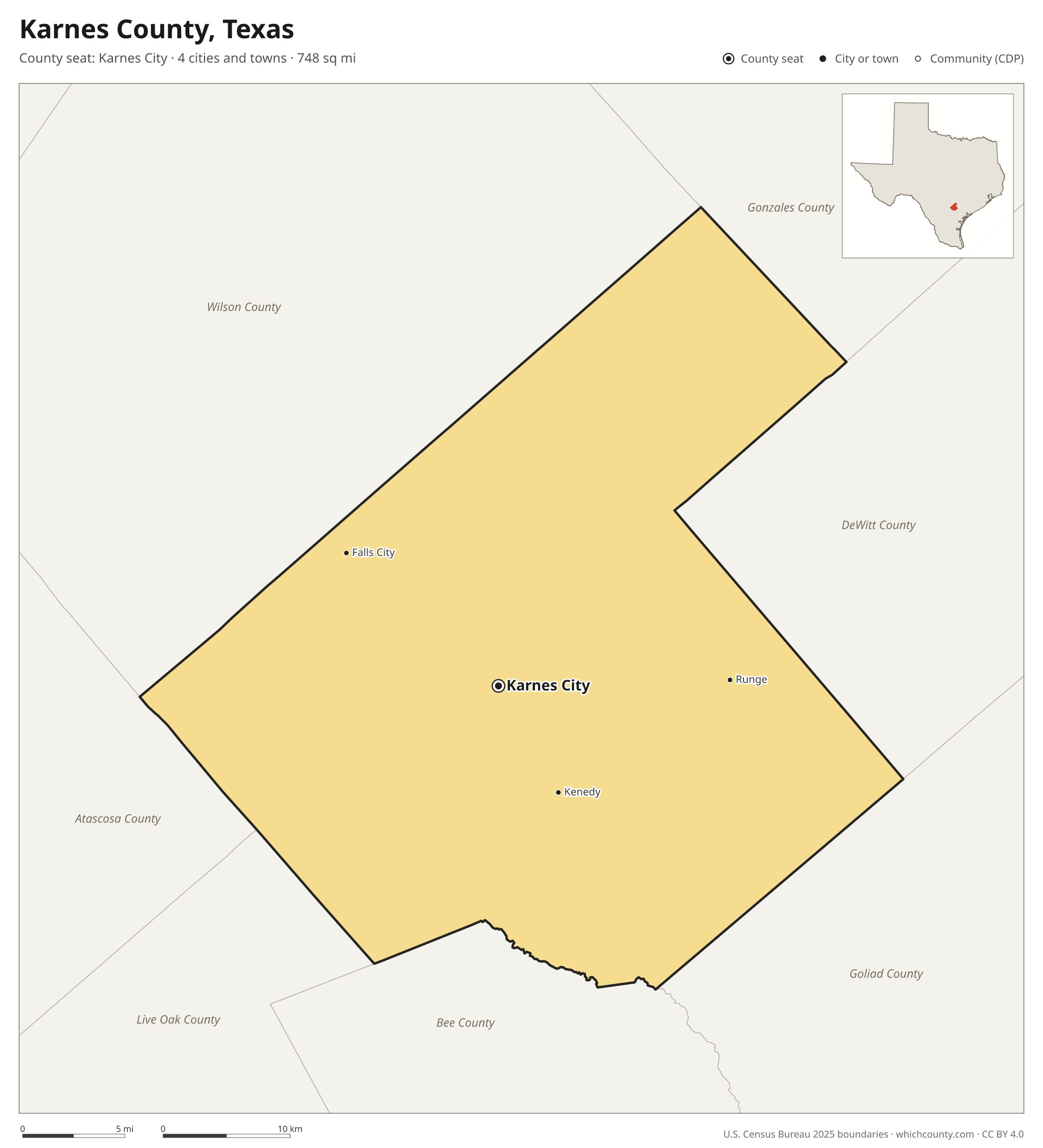 Map of Karnes County, Texas with cities, towns and the county boundary