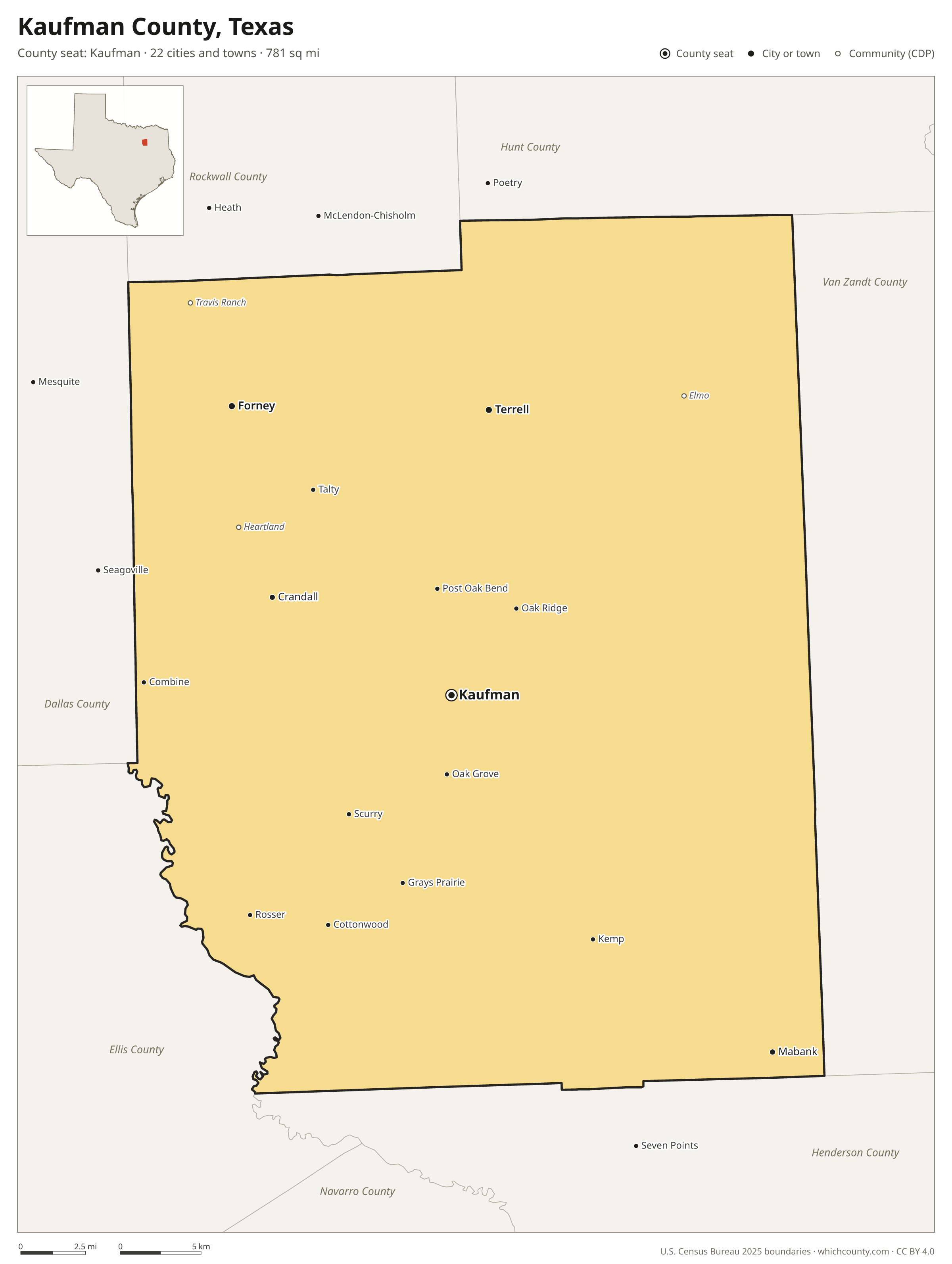 Map of Kaufman County, Texas with cities, towns and the county boundary