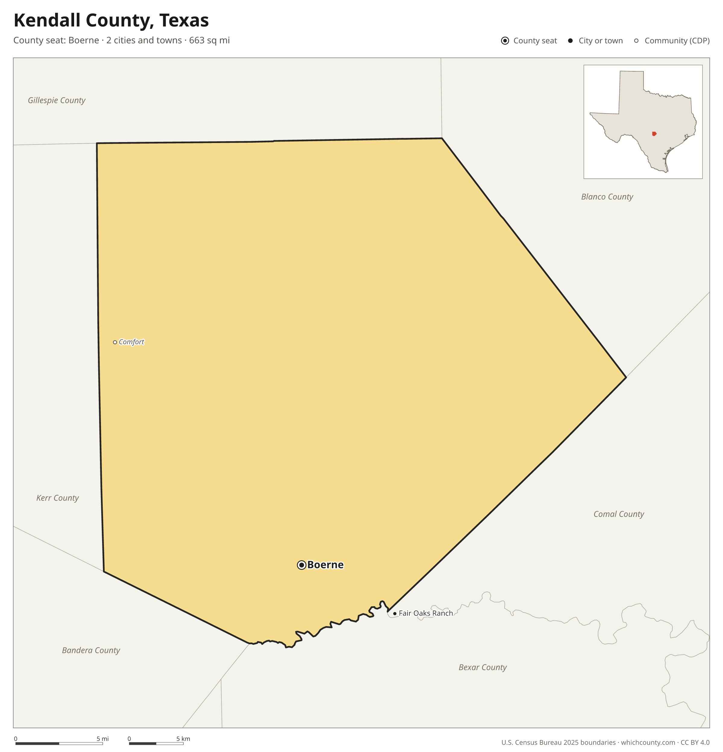 Map of Kendall County, Texas with cities, towns and the county boundary