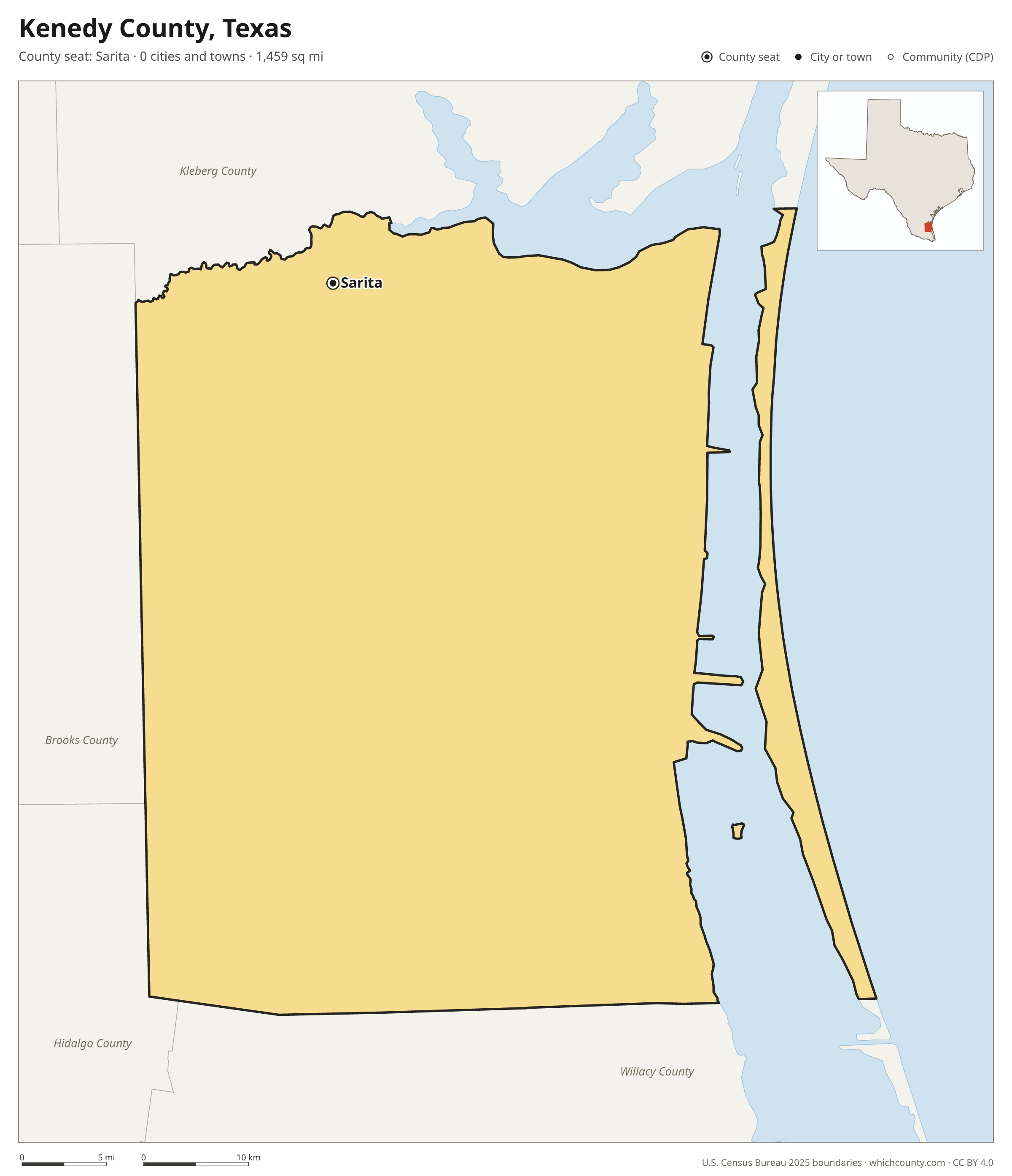 Map of Kenedy County, Texas with cities, towns and the county boundary