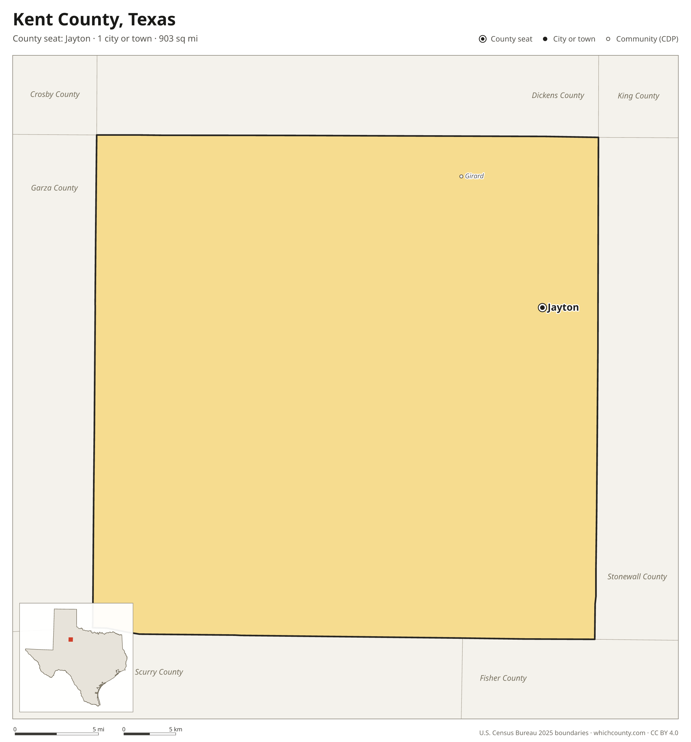 Map of Kent County, Texas with cities, towns and the county boundary