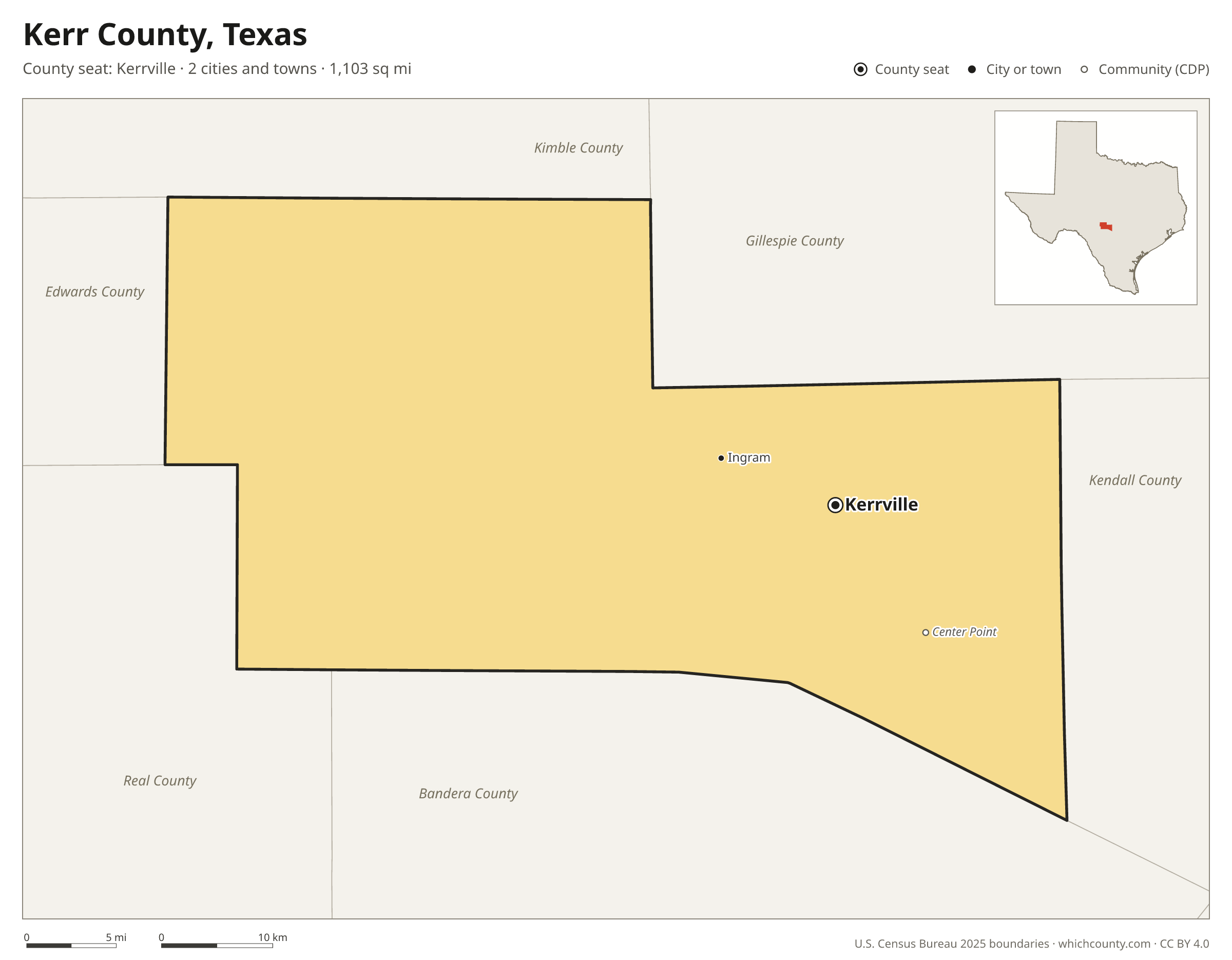 Map of Kerr County, Texas with cities, towns and the county boundary