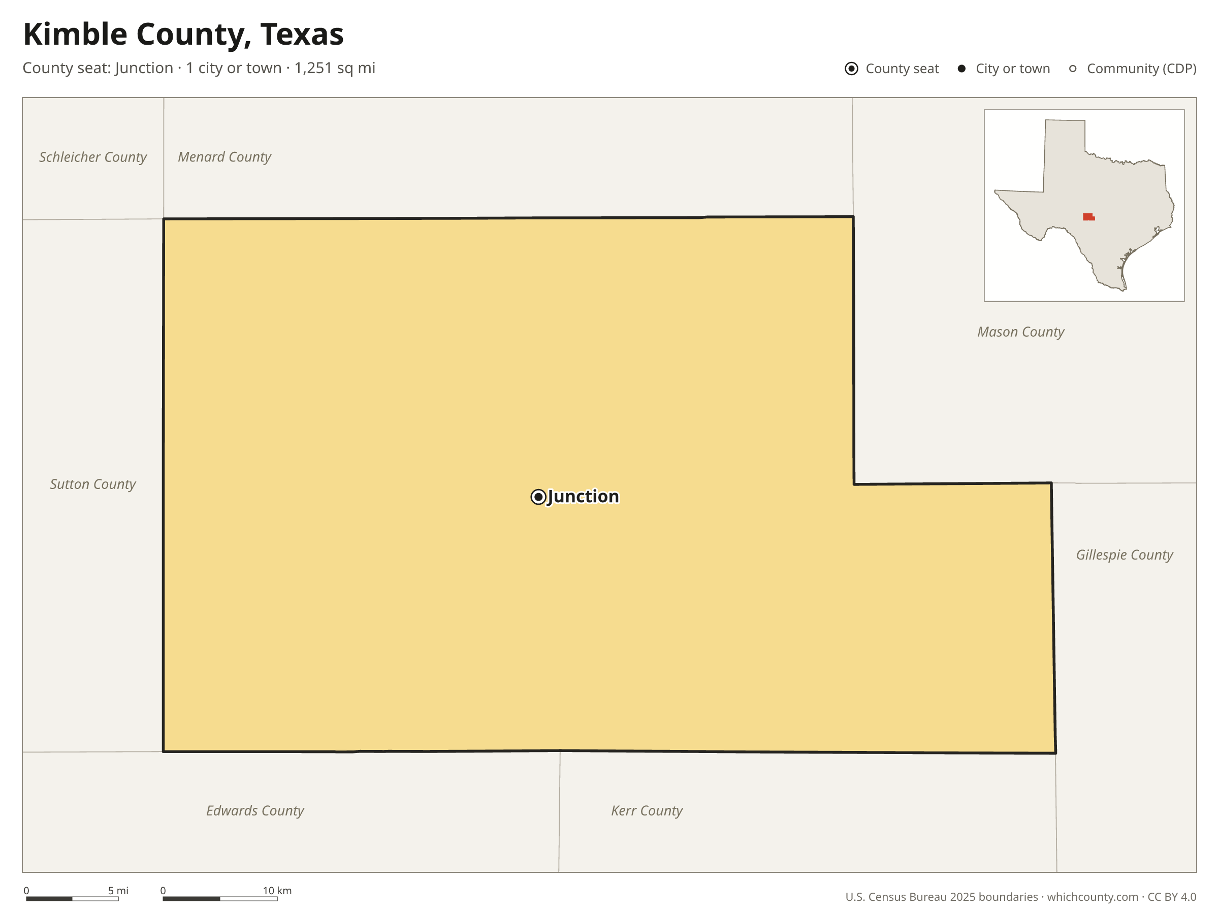 Map of Kimble County, Texas with cities, towns and the county boundary