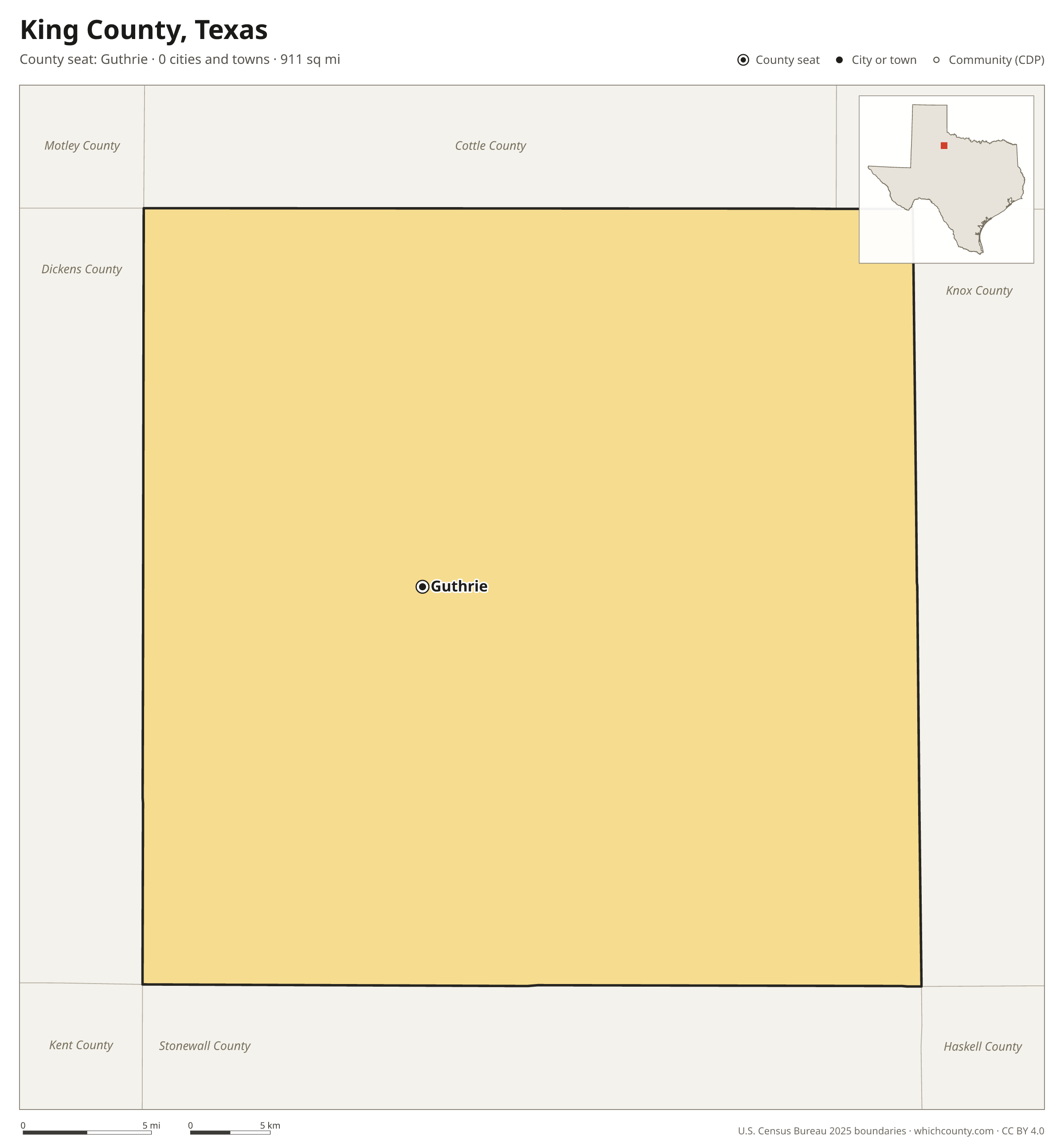 Map of King County, Texas with cities, towns and the county boundary