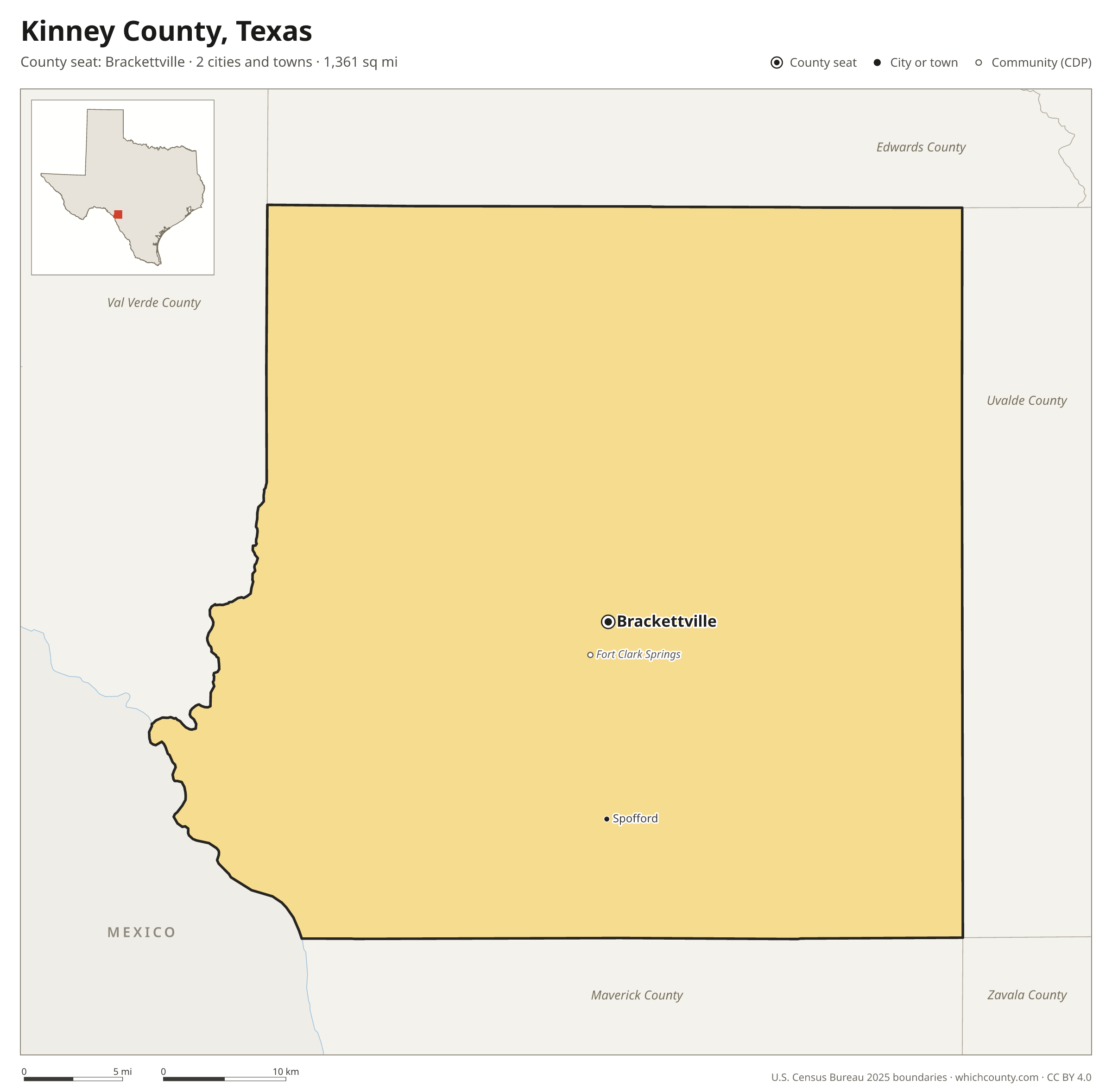 Map of Kinney County, Texas with cities, towns and the county boundary