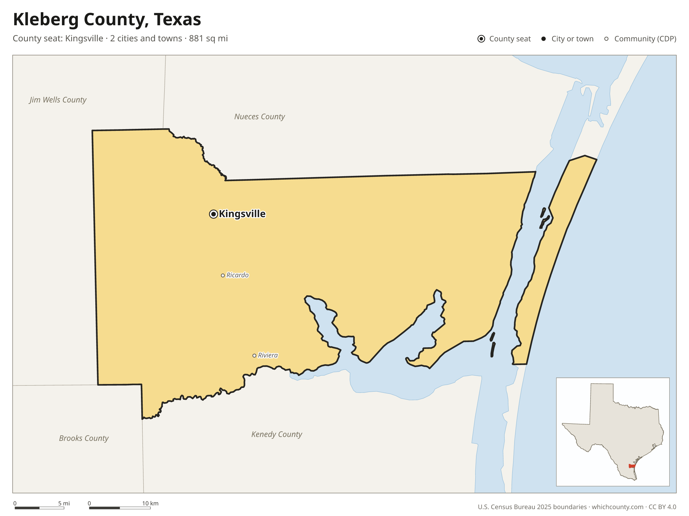 Map of Kleberg County, Texas with cities, towns and the county boundary