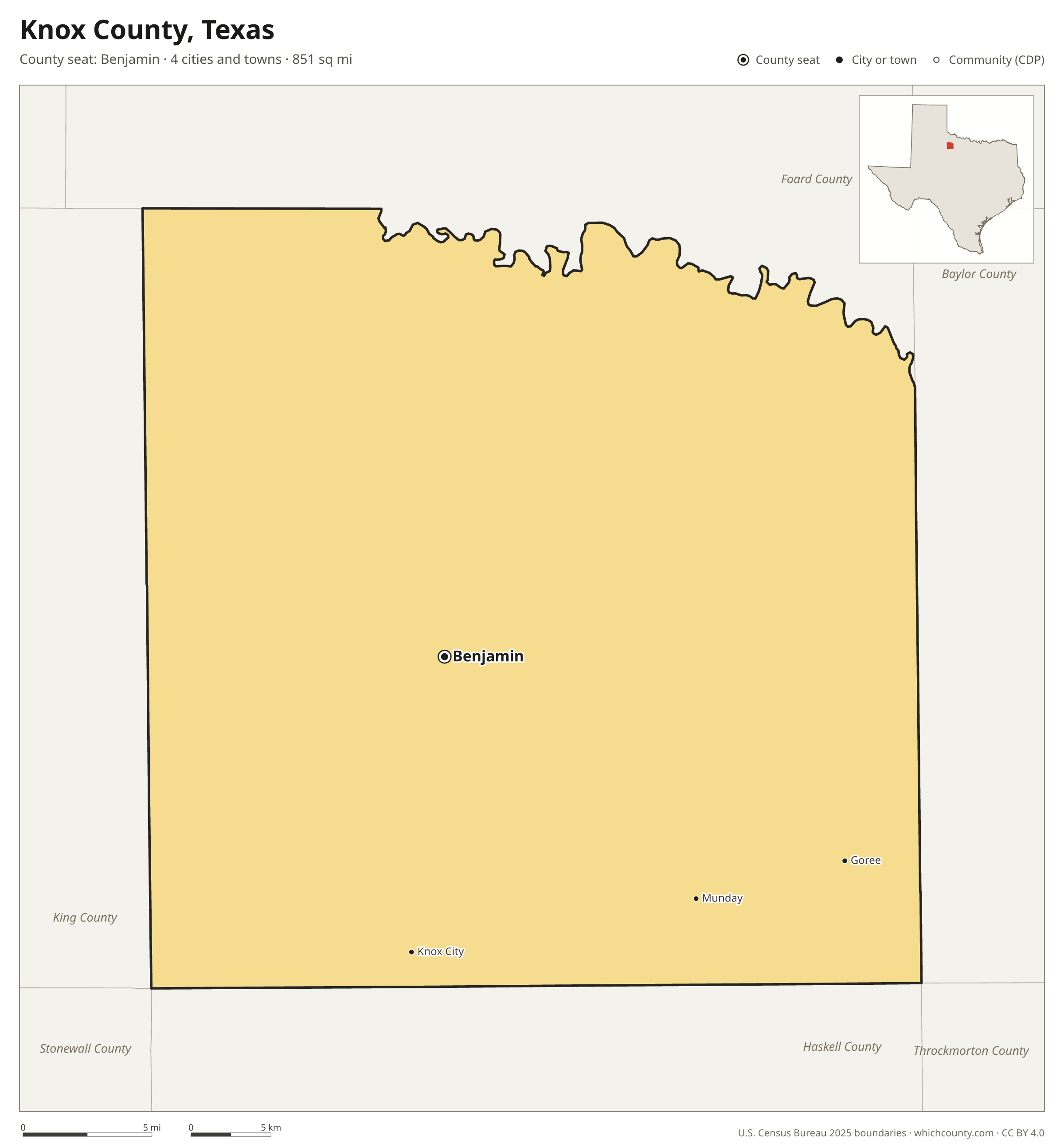 Map of Knox County, Texas with cities, towns and the county boundary