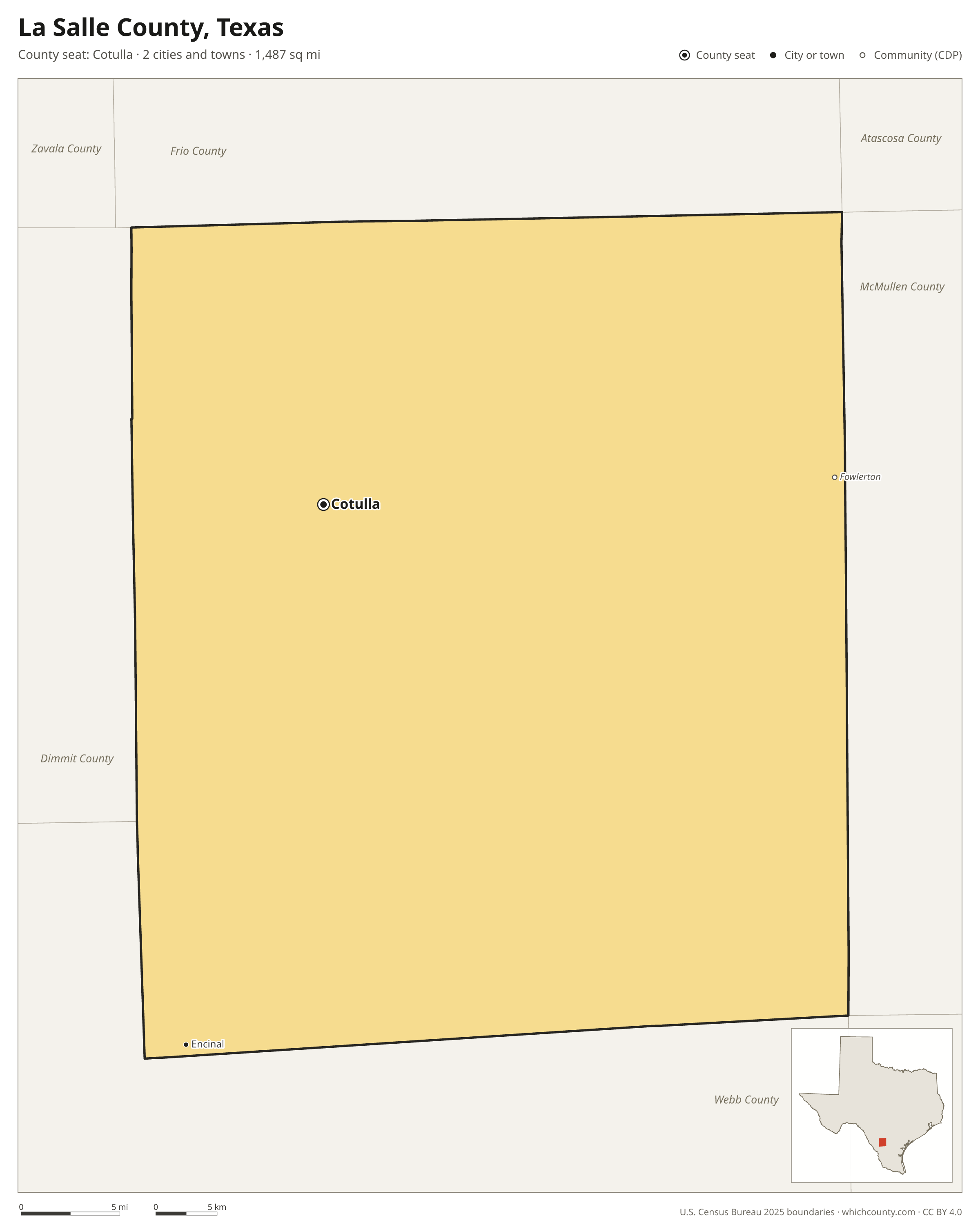 Map of La Salle County, Texas with cities, towns and the county boundary