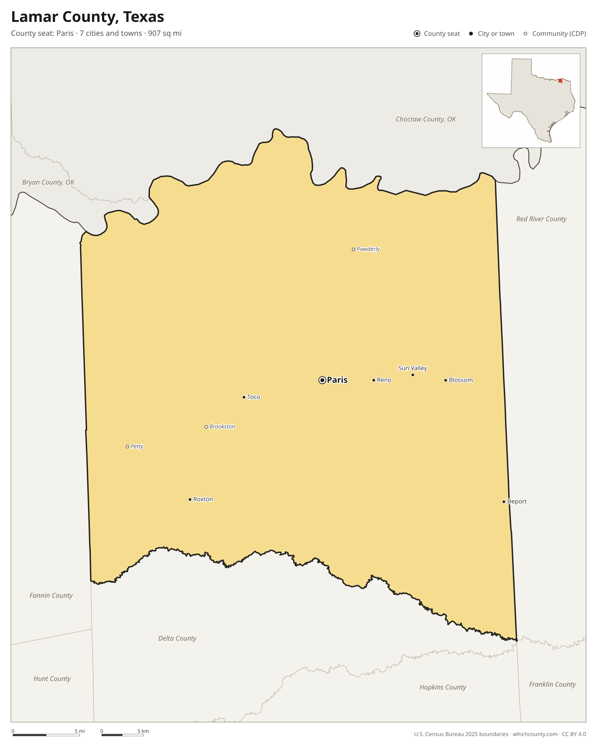Map of Lamar County, Texas with cities, towns and the county boundary