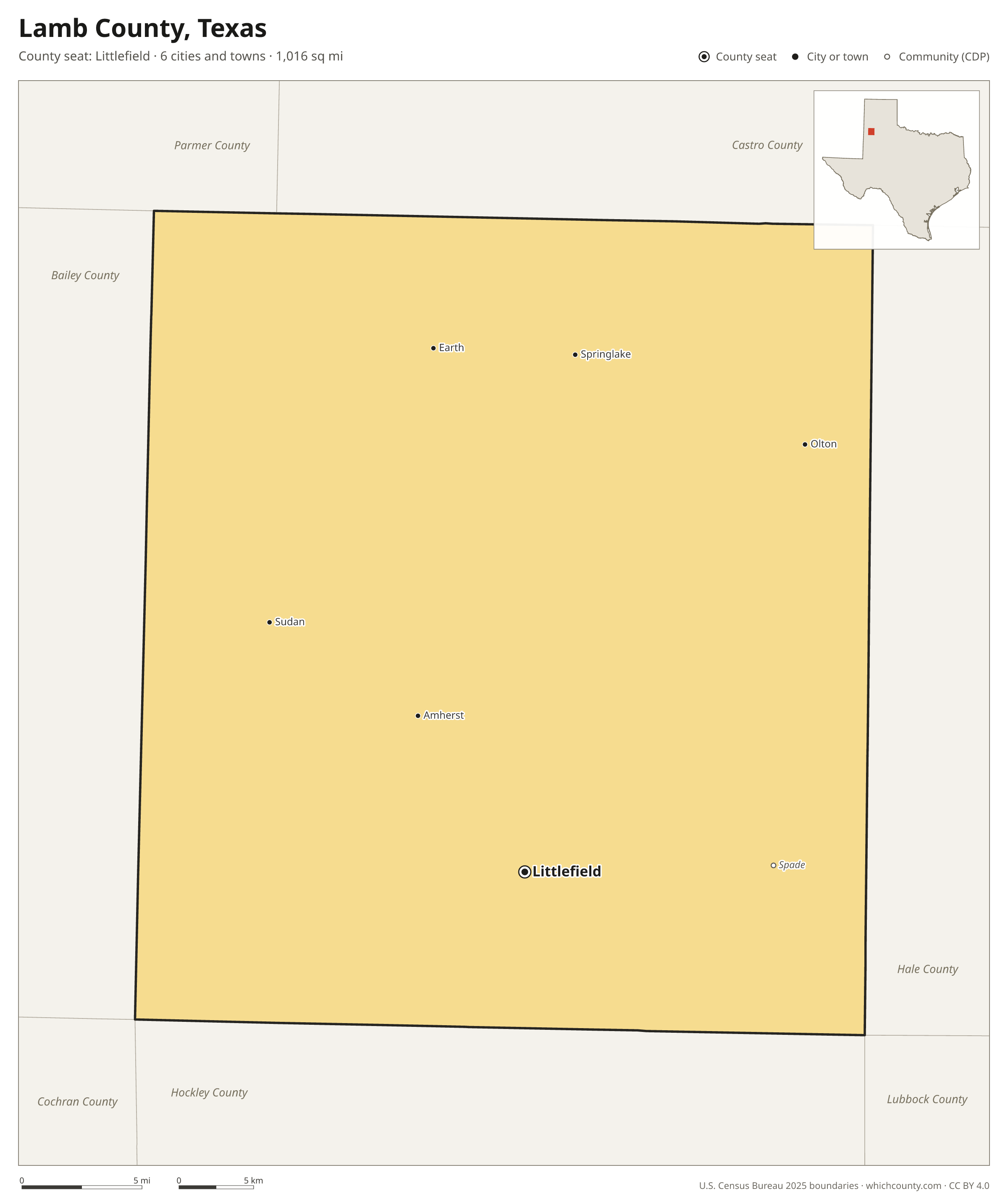 Map of Lamb County, Texas with cities, towns and the county boundary