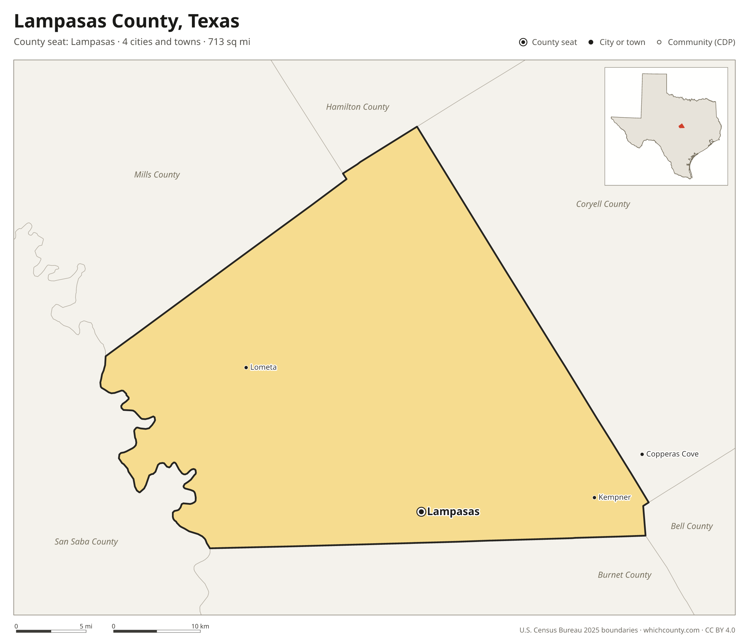 Map of Lampasas County, Texas with cities, towns and the county boundary