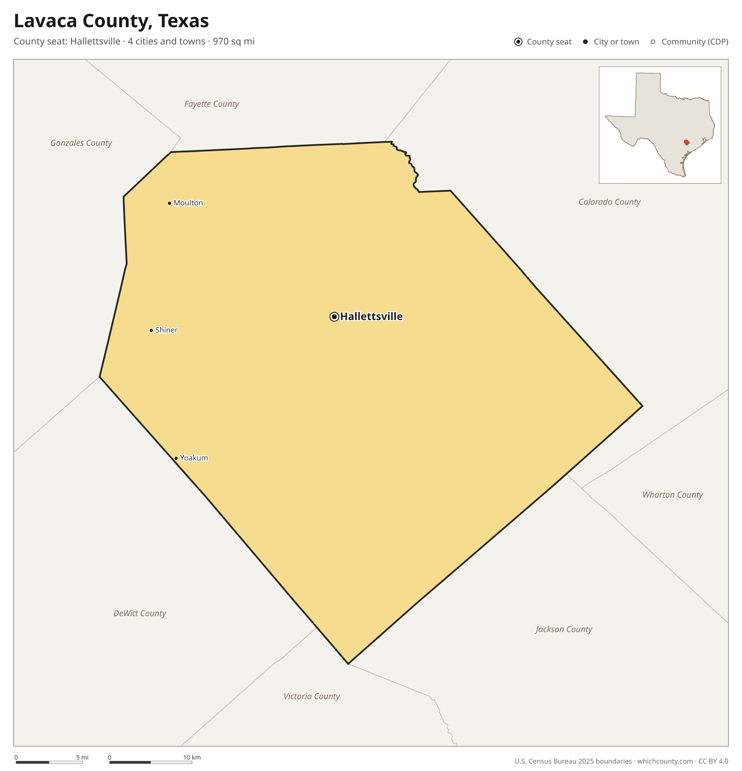 Map of Lavaca County, Texas with cities, towns and the county boundary