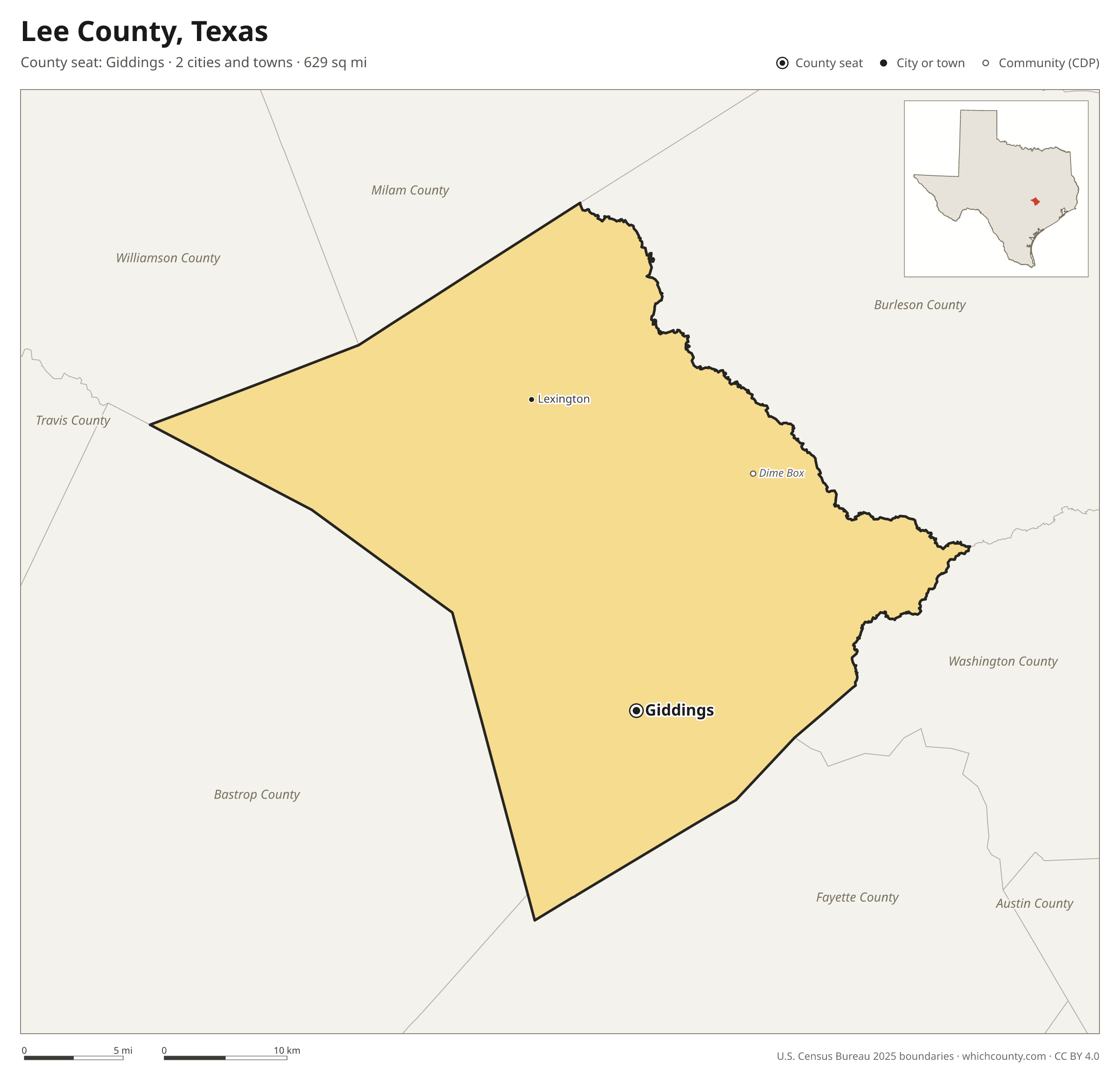 Map of Lee County, Texas with cities, towns and the county boundary