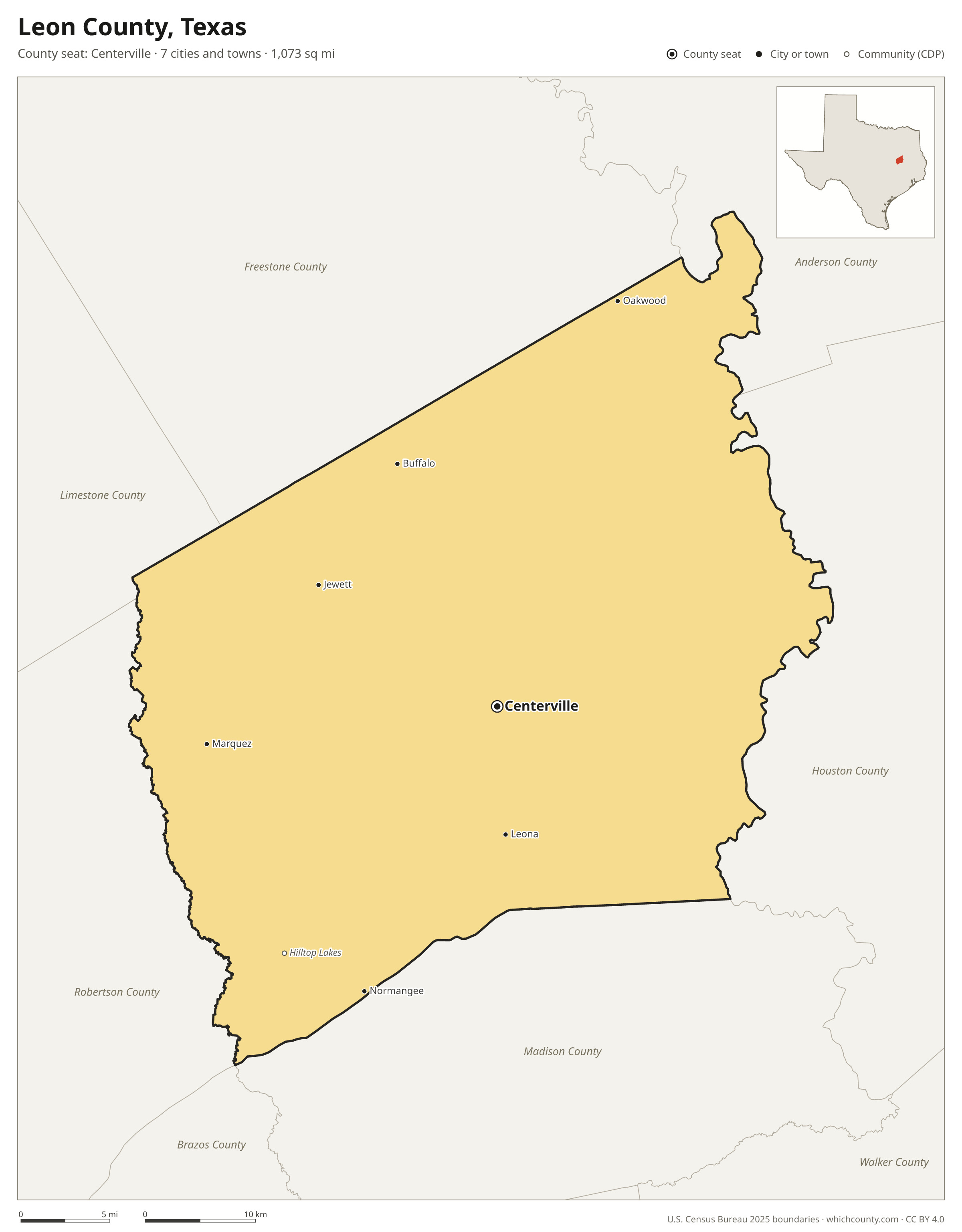 Map of Leon County, Texas with cities, towns and the county boundary
