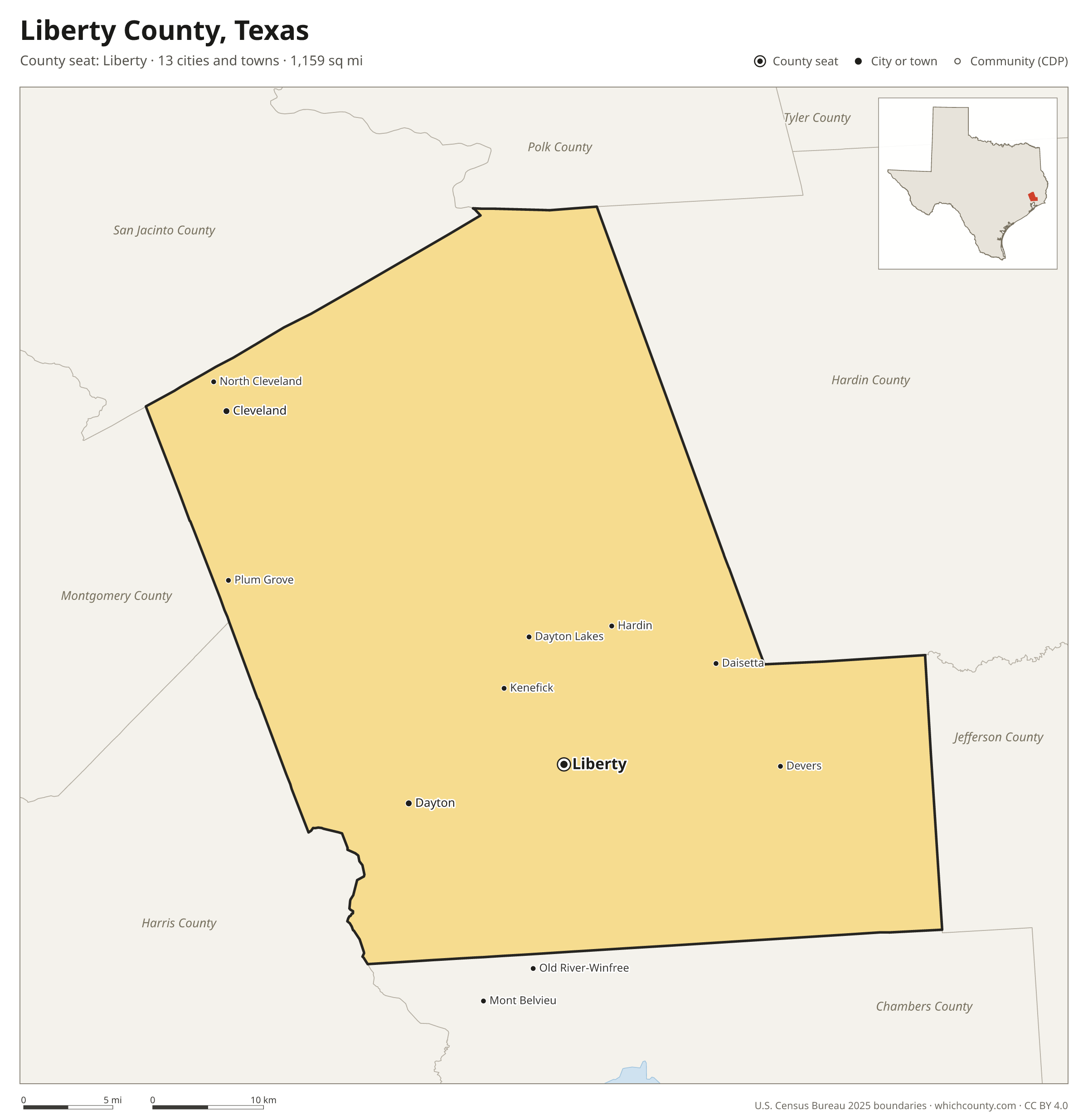 Map of Liberty County, Texas with cities, towns and the county boundary