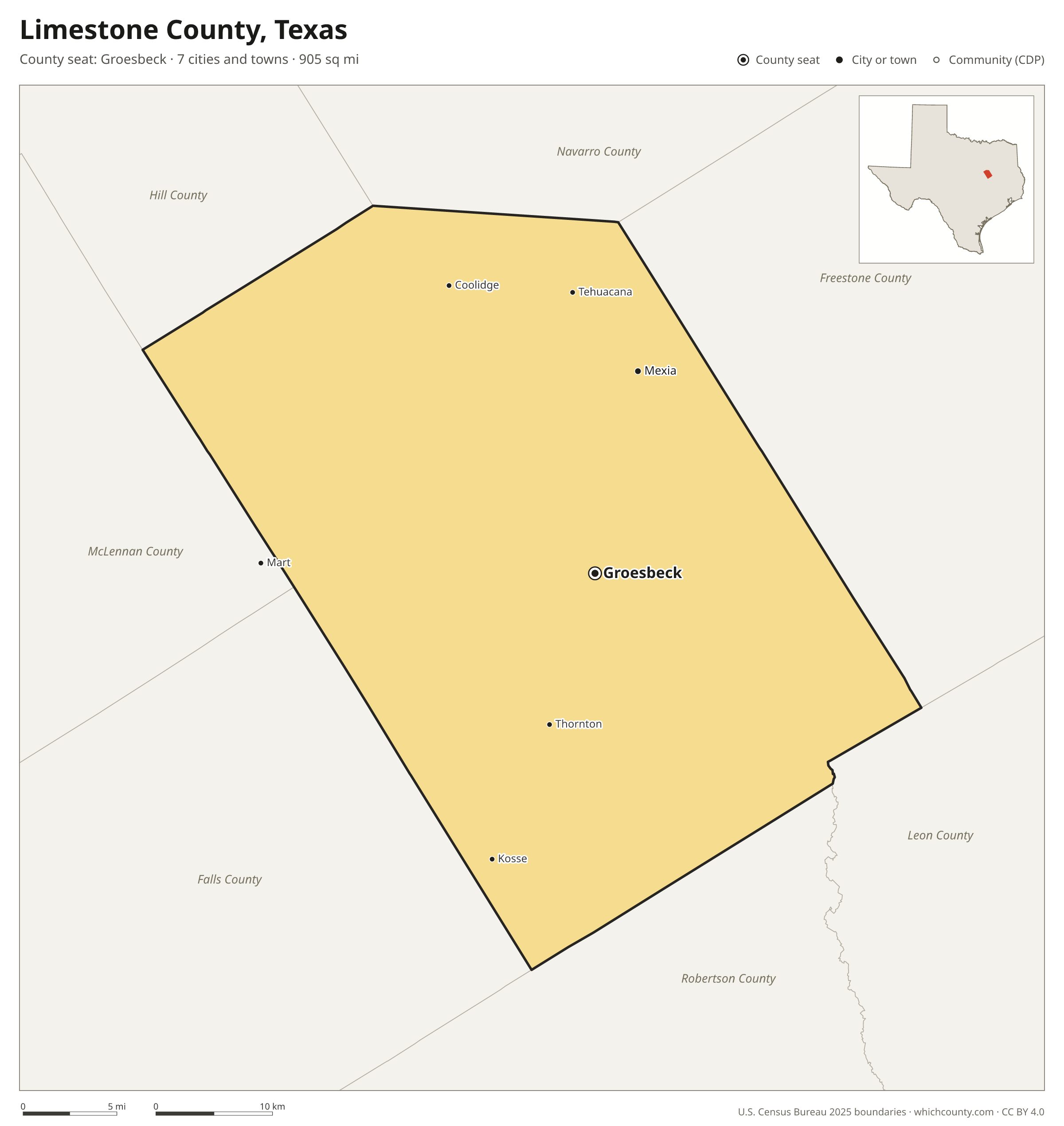 Map of Limestone County, Texas with cities, towns and the county boundary