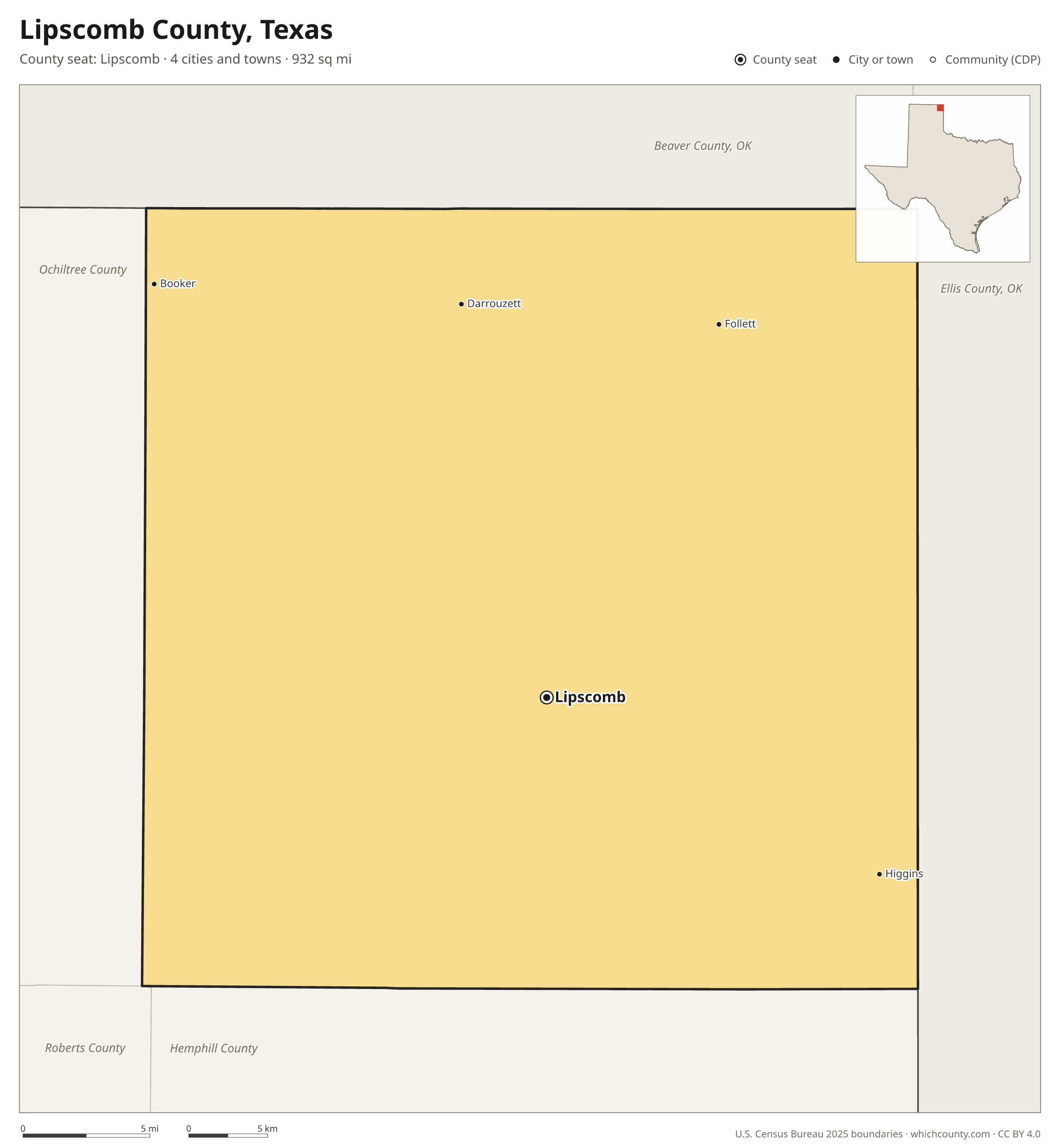 Map of Lipscomb County, Texas with cities, towns and the county boundary