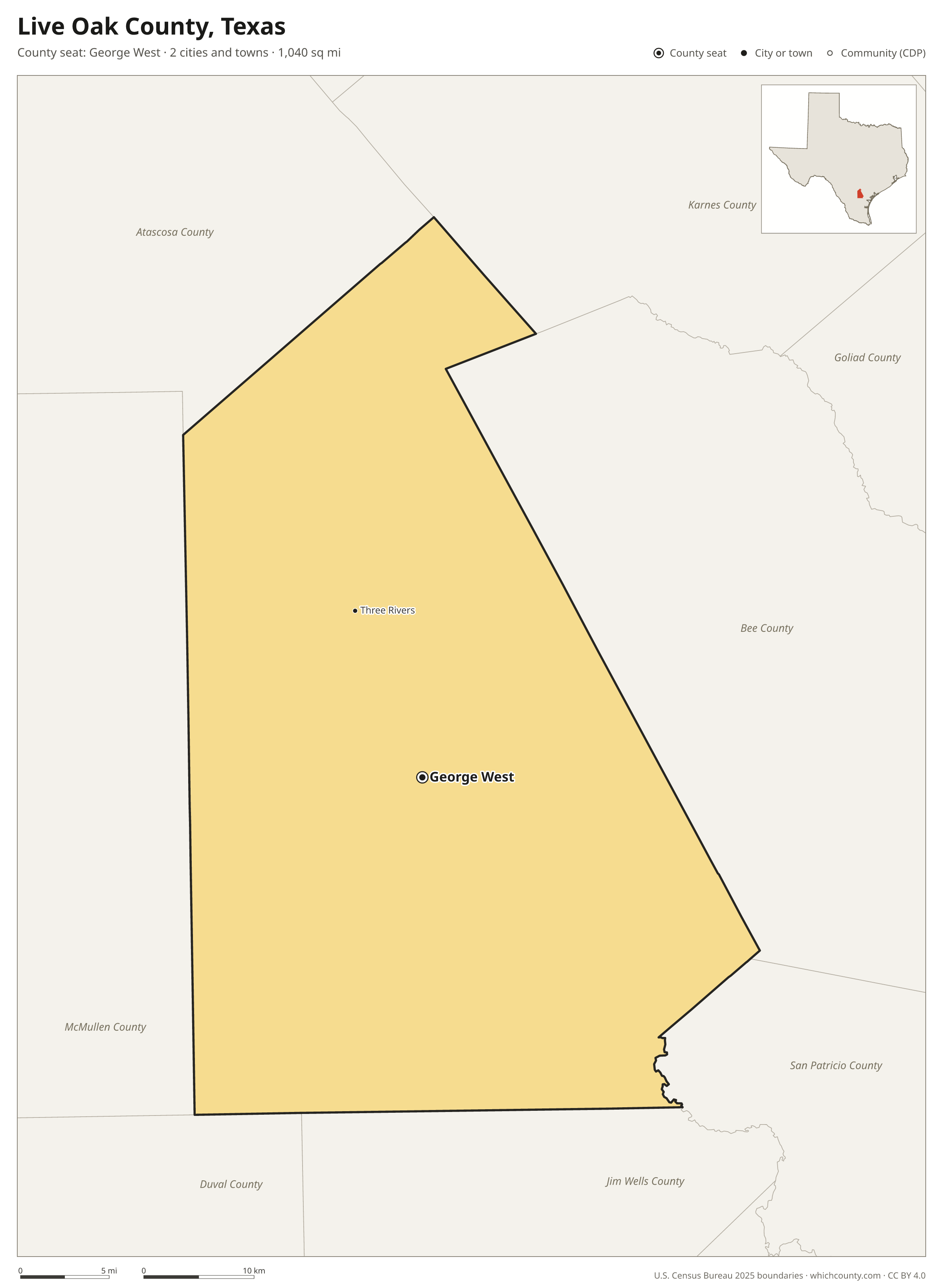 Map of Live Oak County, Texas with cities, towns and the county boundary