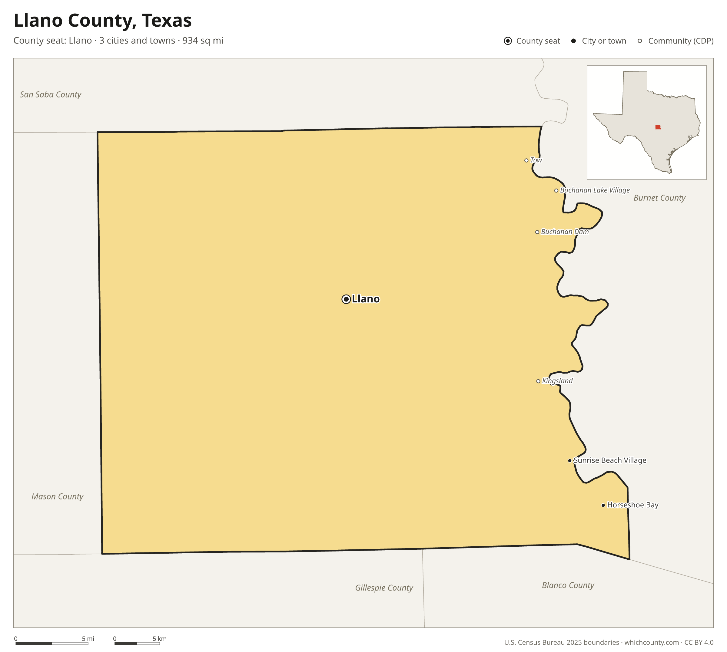 Map of Llano County, Texas with cities, towns and the county boundary