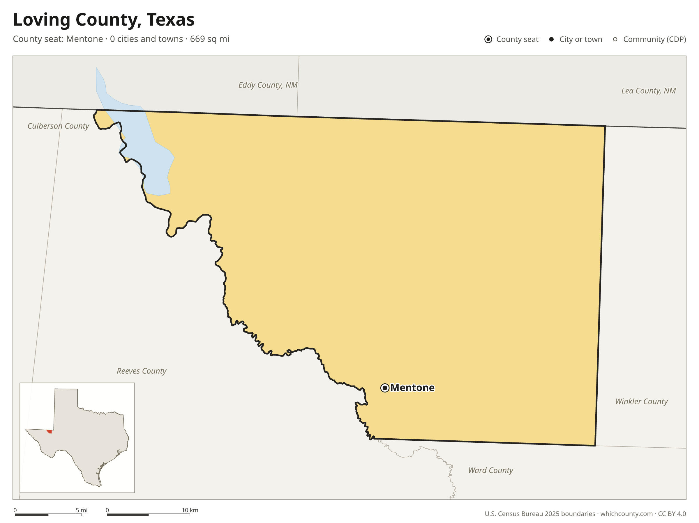 Map of Loving County, Texas with cities, towns and the county boundary