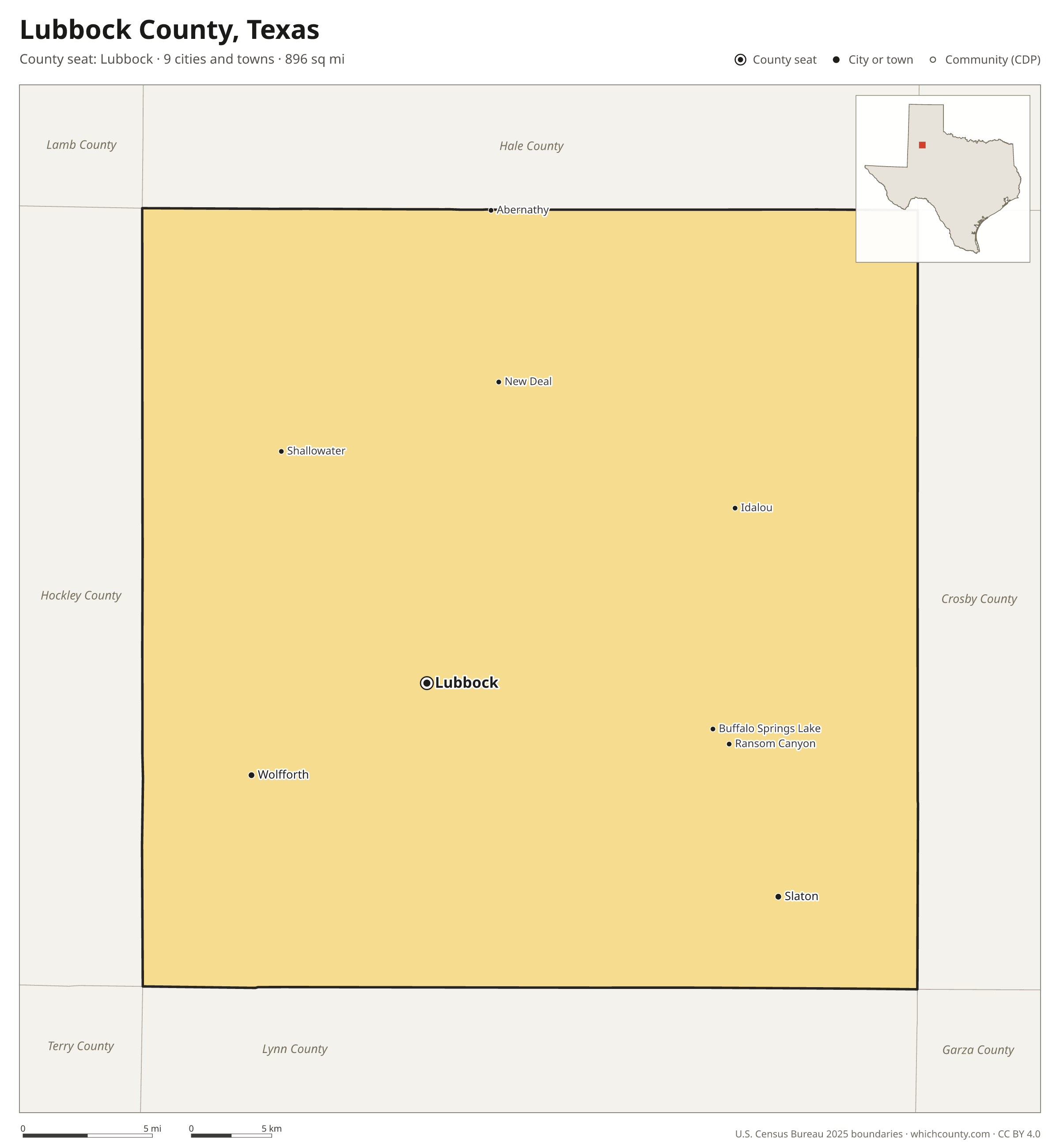 Map of Lubbock County, Texas with cities, towns and the county boundary