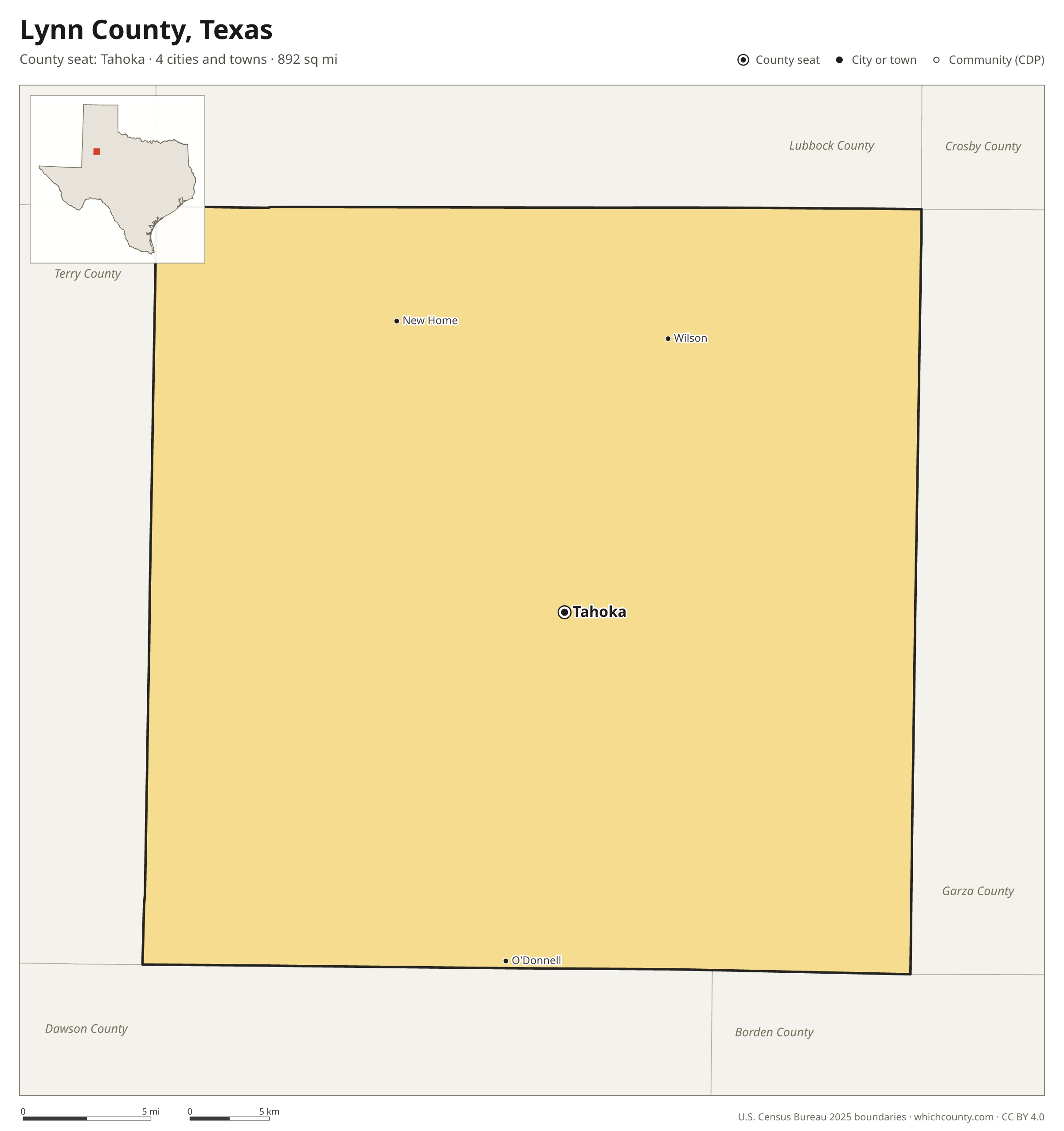Map of Lynn County, Texas with cities, towns and the county boundary