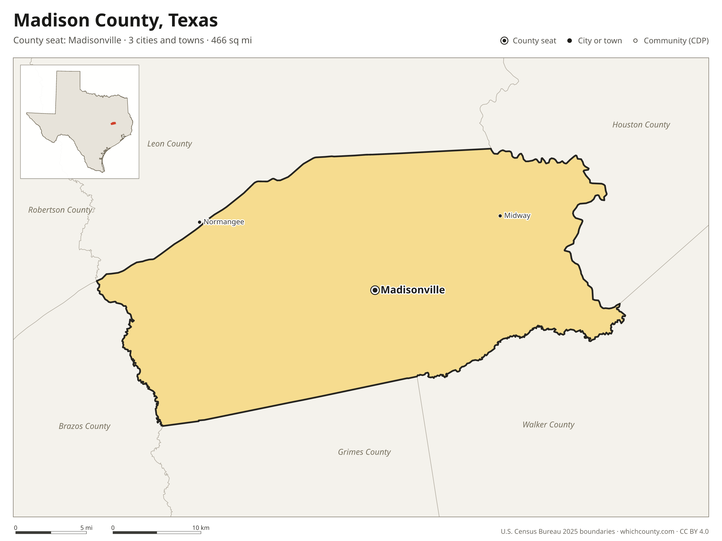 Map of Madison County, Texas with cities, towns and the county boundary