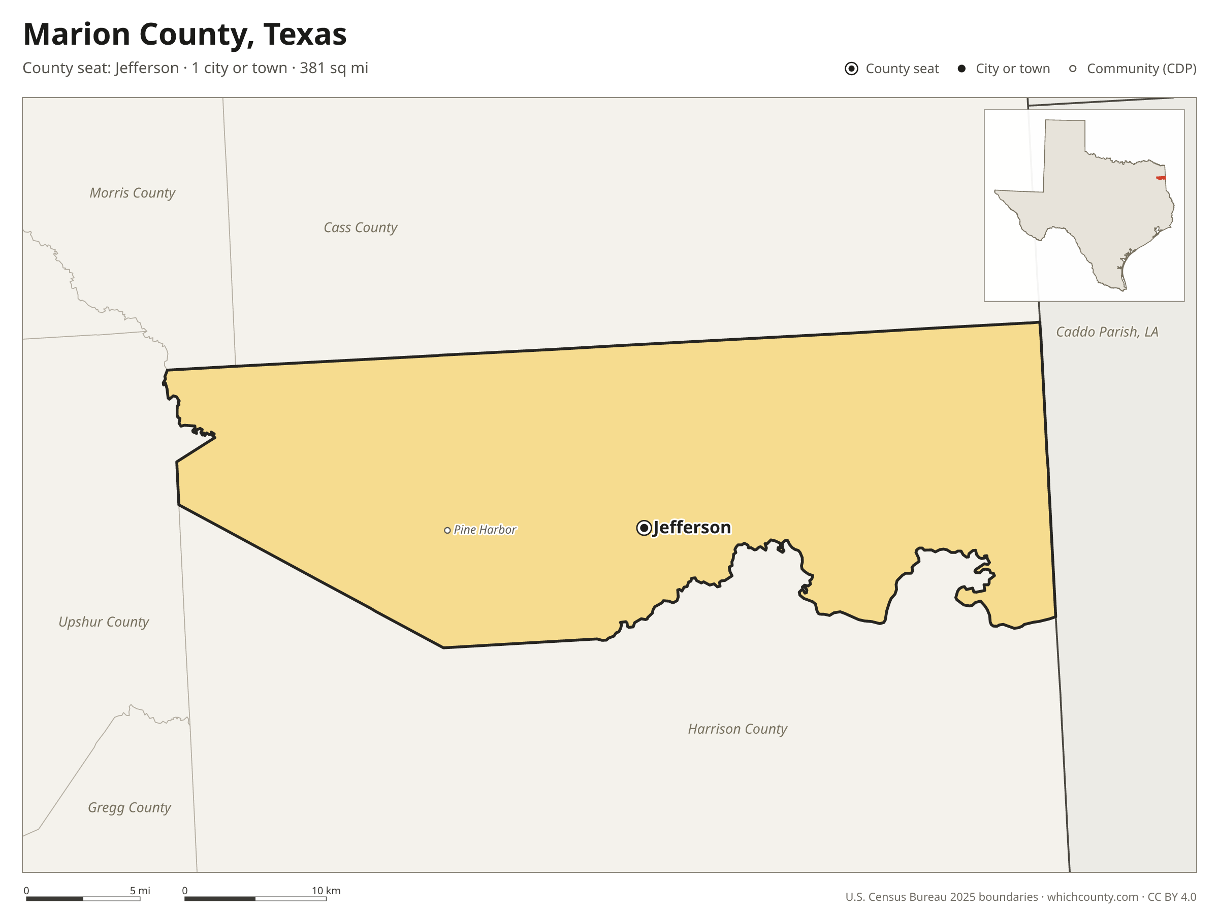 Map of Marion County, Texas with cities, towns and the county boundary