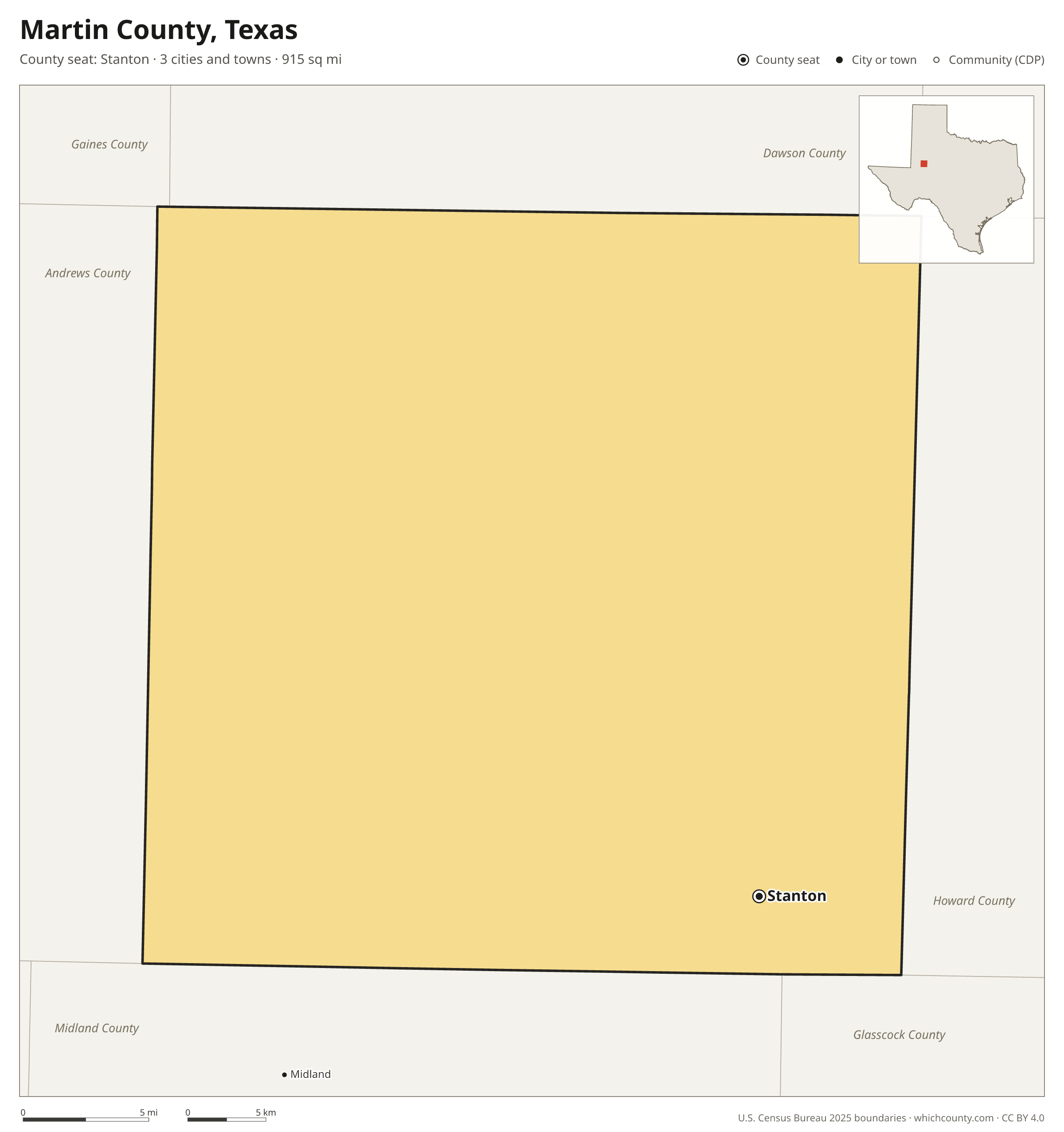 Map of Martin County, Texas with cities, towns and the county boundary