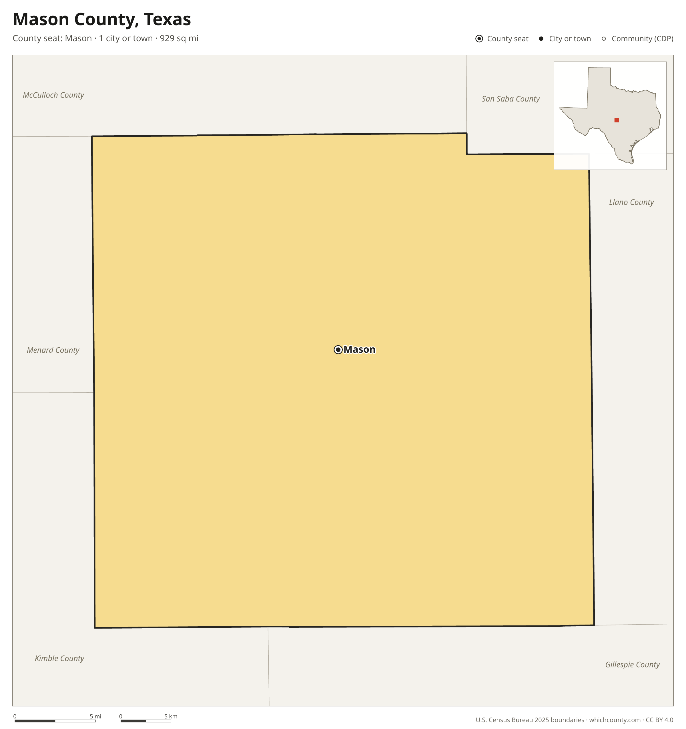 Map of Mason County, Texas with cities, towns and the county boundary