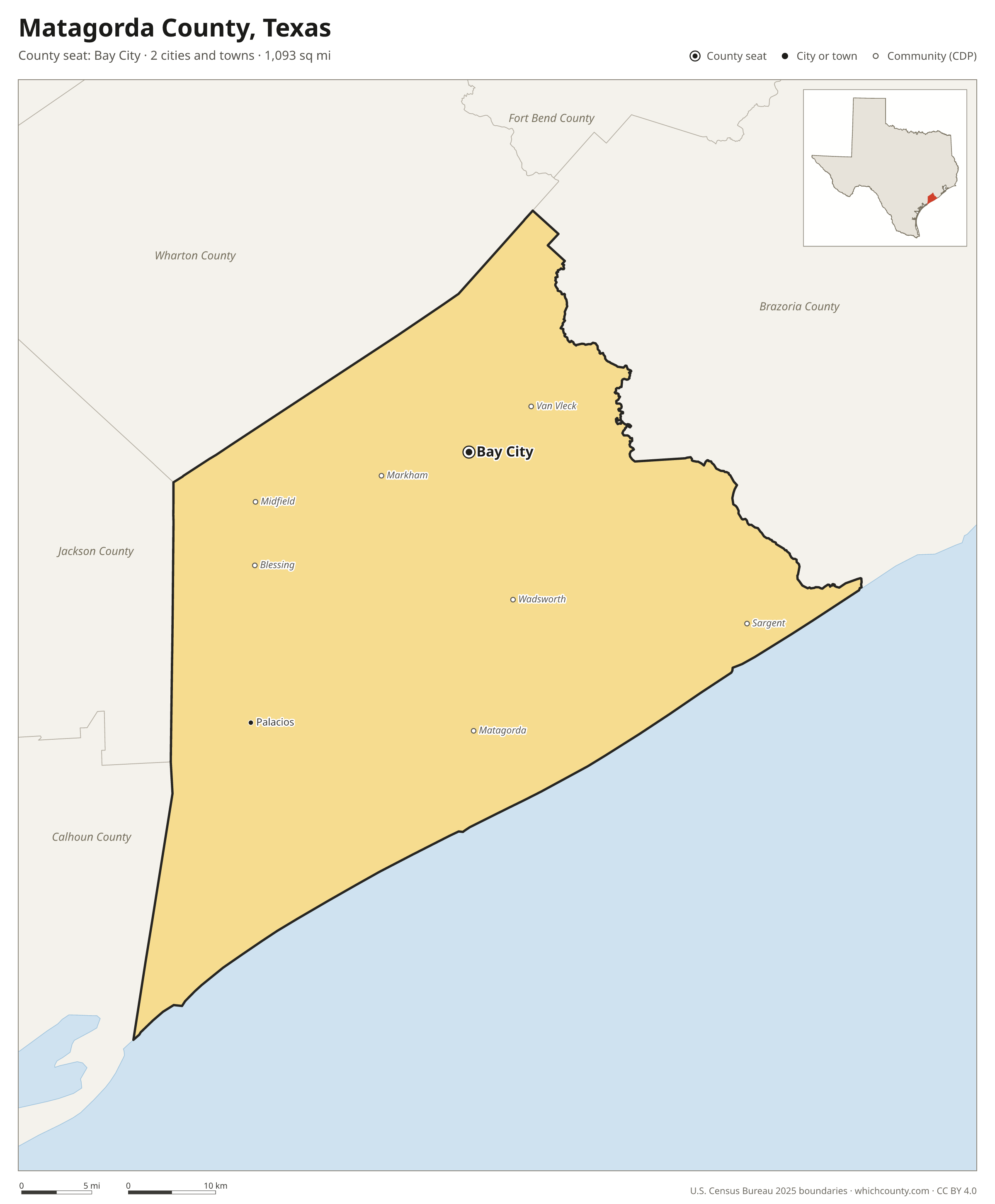 Map of Matagorda County, Texas with cities, towns and the county boundary