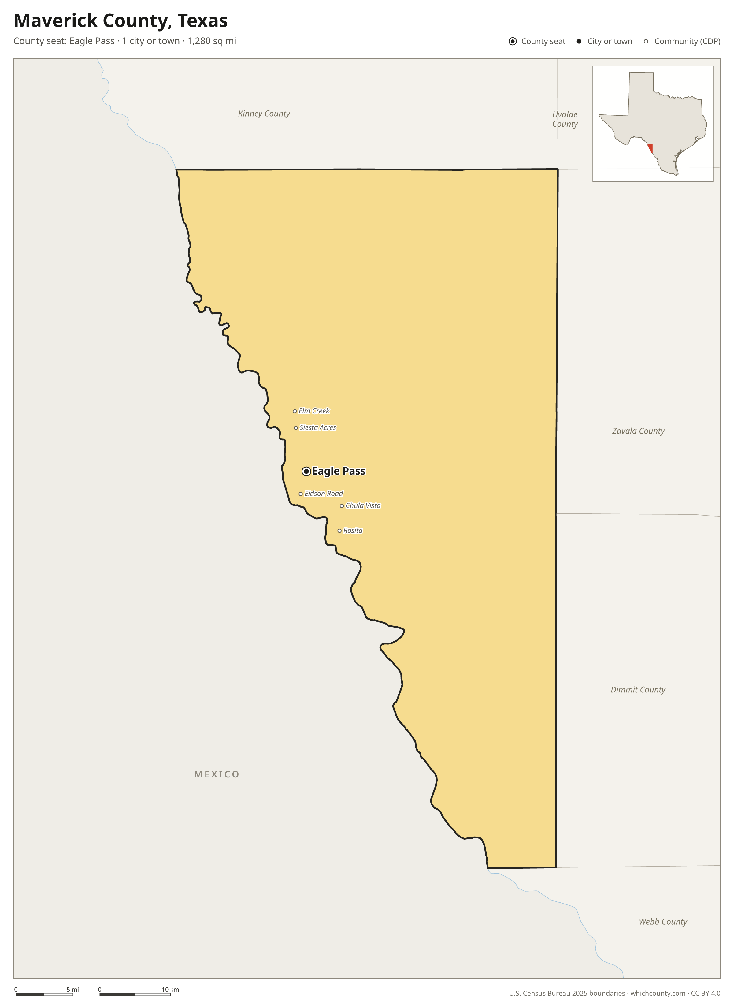 Map of Maverick County, Texas with cities, towns and the county boundary