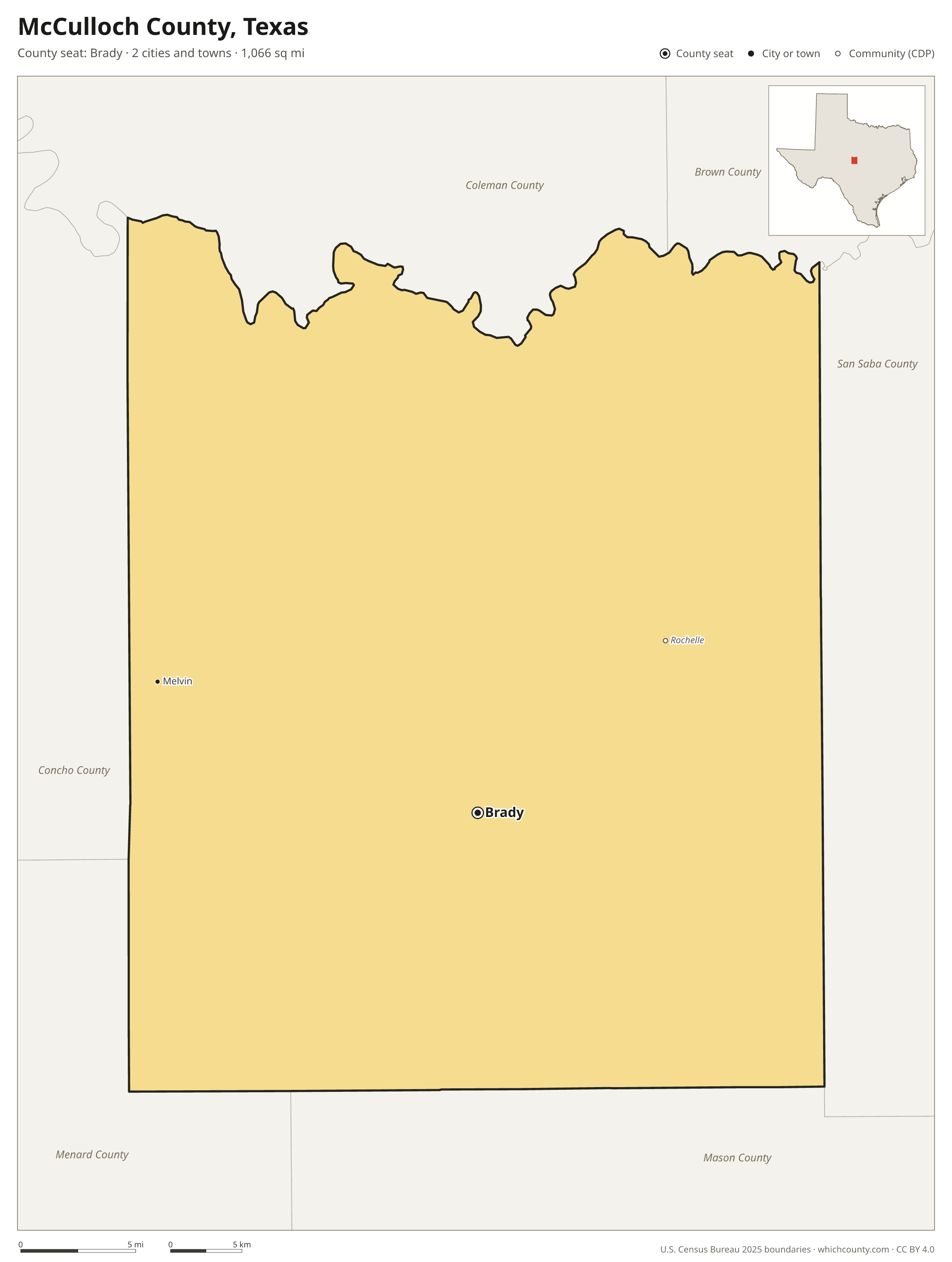 Map of McCulloch County, Texas with cities, towns and the county boundary